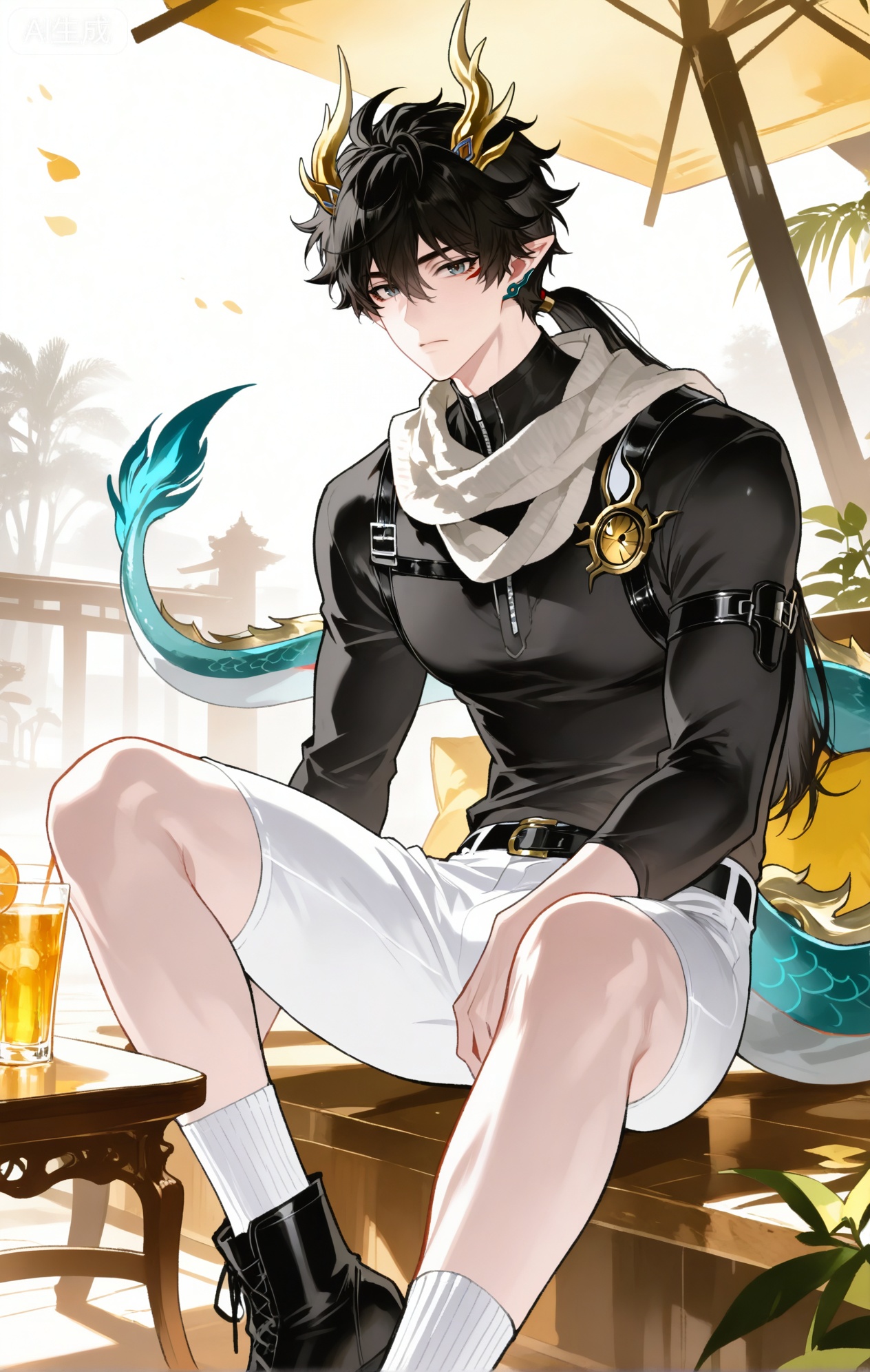 
(1boy (dan heng (permansor terrae) (honkai: star rail)),dan_heng,Gray eyes,leg loops,Green Dragon Tail,Black tight fitting clothes,dragon horns,fingerless gloves,pants,belt,pointy ears,horns,boots,earrings,ponytail,jewelry,hair between eyes,black hair,shirt,bangs,long hai

xiaozhitiao,dianmei,1boy,bangs ,socks,white socks,dianmei (artist:mazjojo:0.53),(artist:pigeon666:0.37),(artist:zawar379:0.57),(artist:remsrar:0.35),(artist:yoneyama mai:0.64),(yokoyari mengo:0.6),1boy,male focus,solo,medium - length wavy hair,hooded pajamas,hood down, a light - brown knitted scarf draped over his shoulders, his toned abs visible as he dozes off in a hammock on a wooden patio. The hammock is strung between two posts, and there's a small side table with a half - read book and a glass of lemonade. Potted ferns line the edges of the patio, and the afternoon sun casts a warm, yellow glow.,White bodysuit