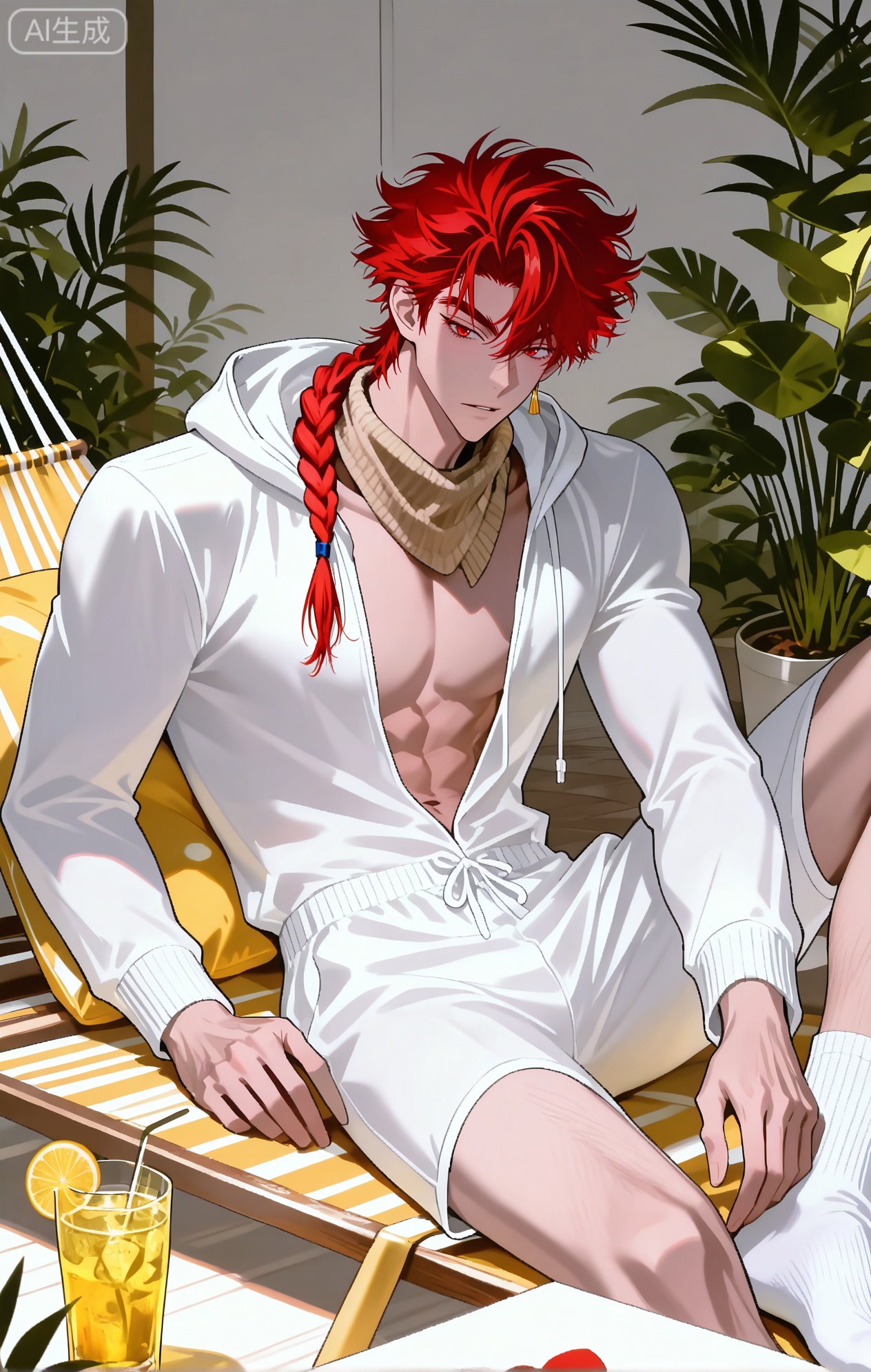 
vein\(link click\),Vein,short hair, red hair, red eyes, braided hair,braided ponytail, jewelry,single earring

xiaozhitiao,dianmei,1boy,bangs ,socks,white socks,dianmei (artist:mazjojo:0.53),(artist:pigeon666:0.37),(artist:zawar379:0.57),(artist:remsrar:0.35),(artist:yoneyama mai:0.64),(yokoyari mengo:0.6),1boy,male focus,solo,medium - length wavy hair,hooded pajamas,hood down, a light - brown knitted scarf draped over his shoulders, his toned abs visible as he dozes off in a hammock on a wooden patio. The hammock is strung between two posts, and there's a small side table with a half - read book and a glass of lemonade. Potted ferns line the edges of the patio, and the afternoon sun casts a warm, yellow glow.,White bodysuit