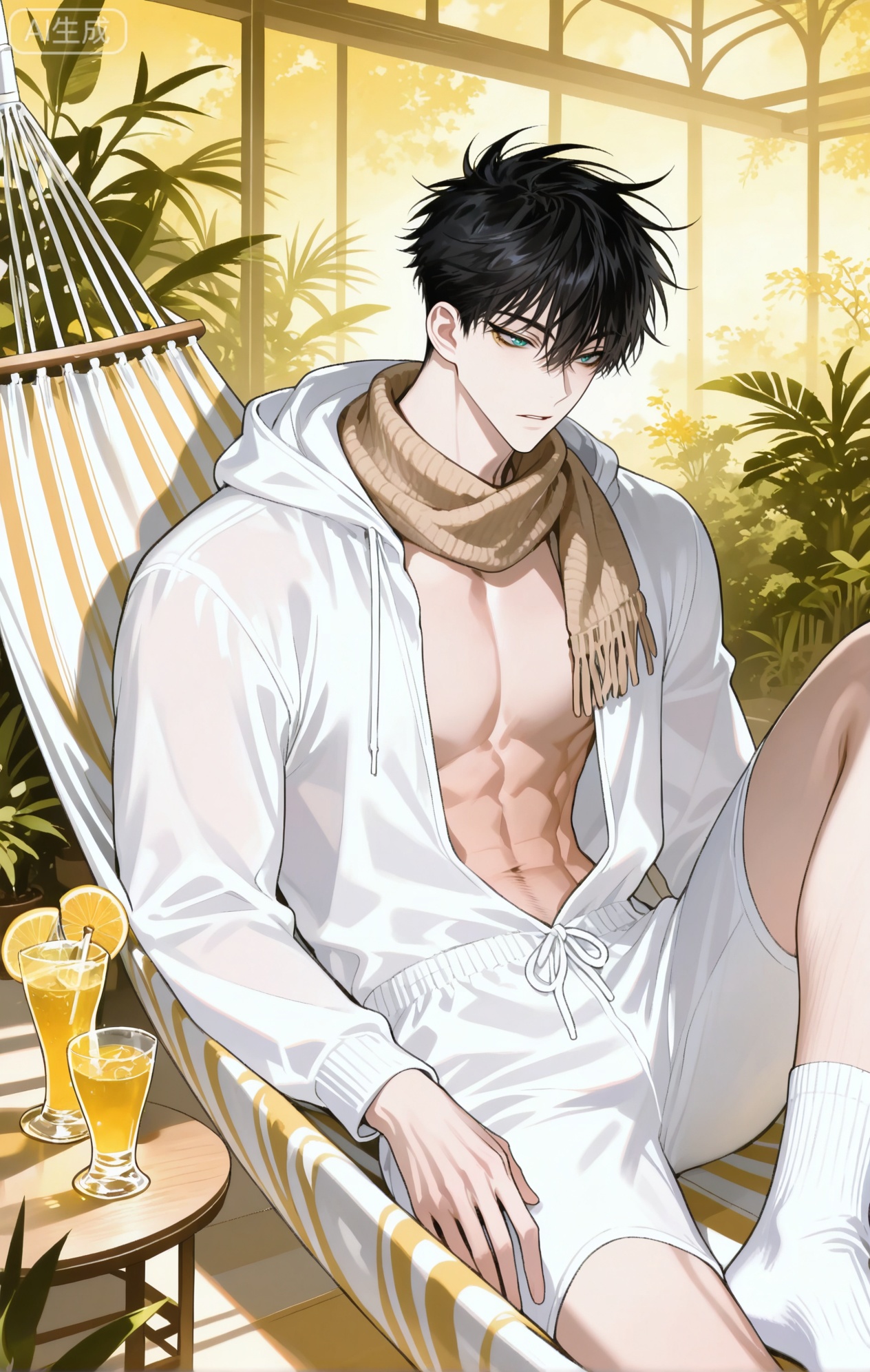 
Jin Yixuan_(Night by the Water)

xiaozhitiao,dianmei,1boy,bangs ,socks,white socks,dianmei (artist:mazjojo:0.53),(artist:pigeon666:0.37),(artist:zawar379:0.57),(artist:remsrar:0.35),(artist:yoneyama mai:0.64),(yokoyari mengo:0.6),1boy,male focus,solo,medium - length wavy hair,hooded pajamas,hood down, a light - brown knitted scarf draped over his shoulders, his toned abs visible as he dozes off in a hammock on a wooden patio. The hammock is strung between two posts, and there's a small side table with a half - read book and a glass of lemonade. Potted ferns line the edges of the patio, and the afternoon sun casts a warm, yellow glow.,White bodysuit