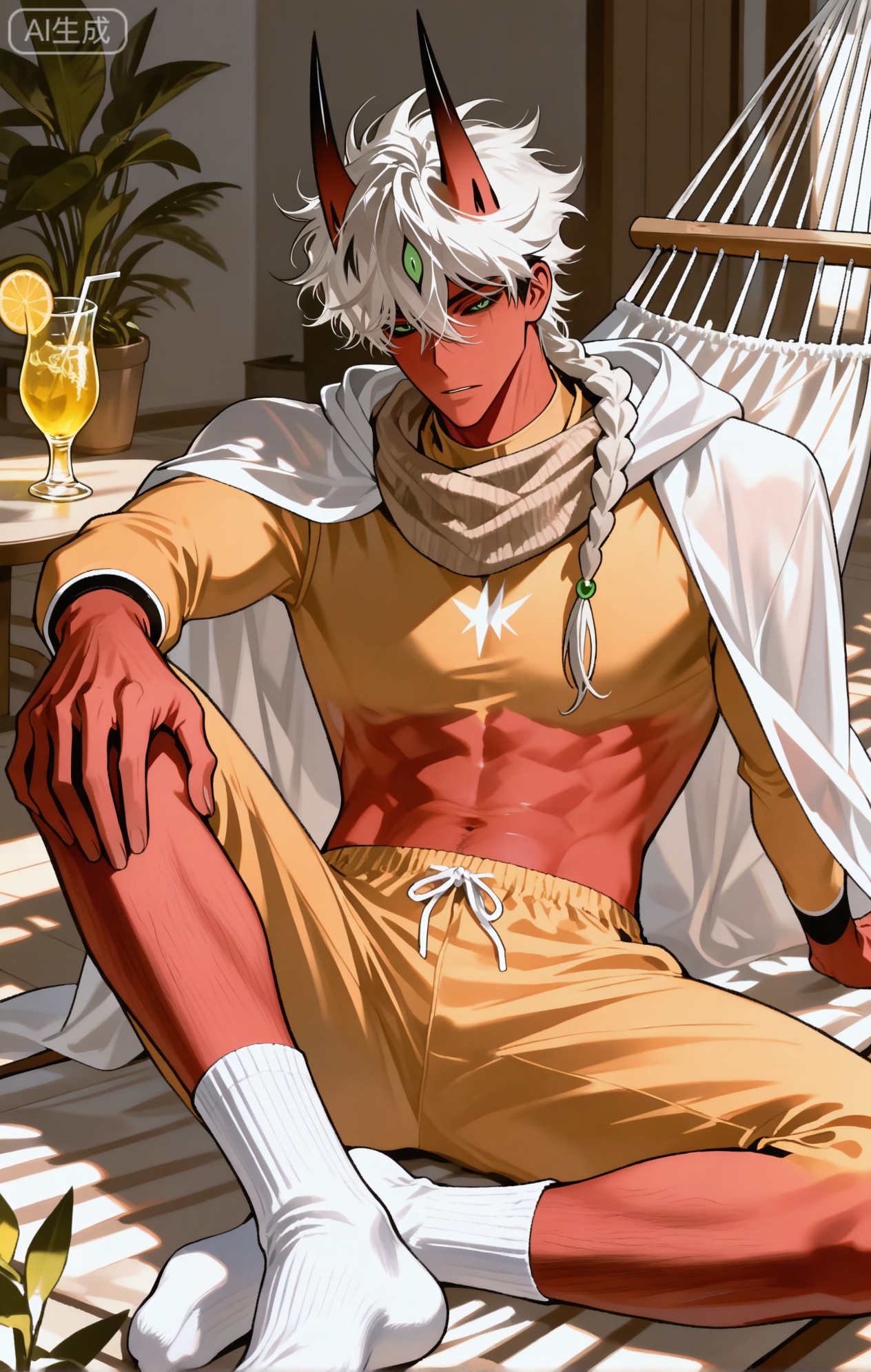 
rider,rider_omysmm,white hair,single braid,red skin,black sclera,green eyes,red horns,extra eyes.Rider \(on my way to see my mom\),Eyes on hair

xiaozhitiao,dianmei,1boy,bangs ,socks,white socks,dianmei (artist:mazjojo:0.53),(artist:pigeon666:0.37),(artist:zawar379:0.57),(artist:remsrar:0.35),(artist:yoneyama mai:0.64),(yokoyari mengo:0.6),1boy,male focus,solo,medium - length wavy hair,hooded pajamas,hood down, a light - brown knitted scarf draped over his shoulders, his toned abs visible as he dozes off in a hammock on a wooden patio. The hammock is strung between two posts, and there's a small side table with a half - read book and a glass of lemonade. Potted ferns line the edges of the patio, and the afternoon sun casts a warm, yellow glow.,White bodysuit