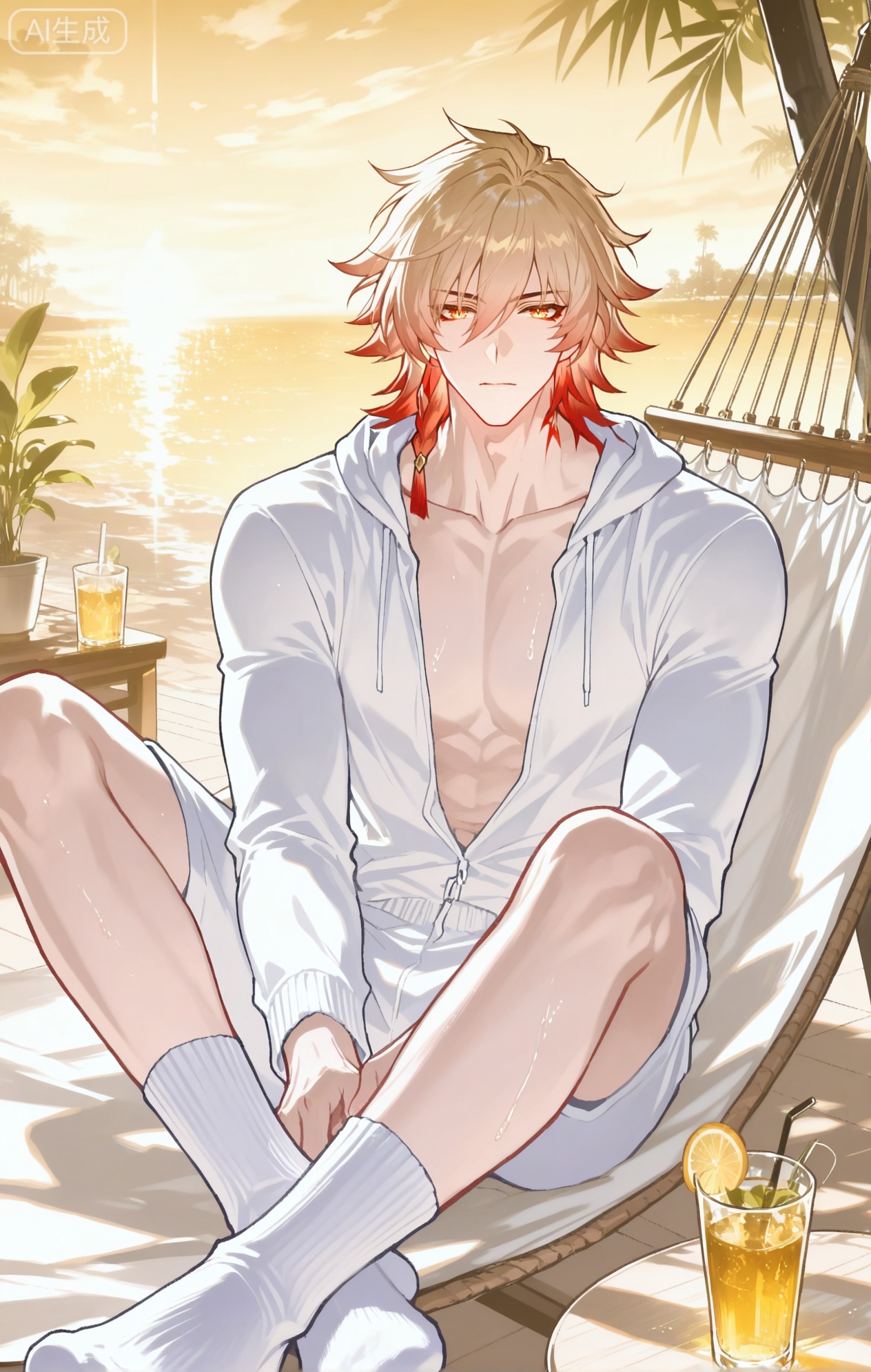 
((1boy, mydei (honkai: star rail), (honkai: star rail),blonde hair,red hai,gradient hair,medium hair,hair between eyes,braid,eyeliner,yellow eyes,

xiaozhitiao,dianmei,1boy,bangs ,socks,white socks,dianmei (artist:mazjojo:0.53),(artist:pigeon666:0.37),(artist:zawar379:0.57),(artist:remsrar:0.35),(artist:yoneyama mai:0.64),(yokoyari mengo:0.6),1boy,male focus,solo,medium - length wavy hair,hooded pajamas,hood down, a light - brown knitted scarf draped over his shoulders, his toned abs visible as he dozes off in a hammock on a wooden patio. The hammock is strung between two posts, and there's a small side table with a half - read book and a glass of lemonade. Potted ferns line the edges of the patio, and the afternoon sun casts a warm, yellow glow.,White bodysuit