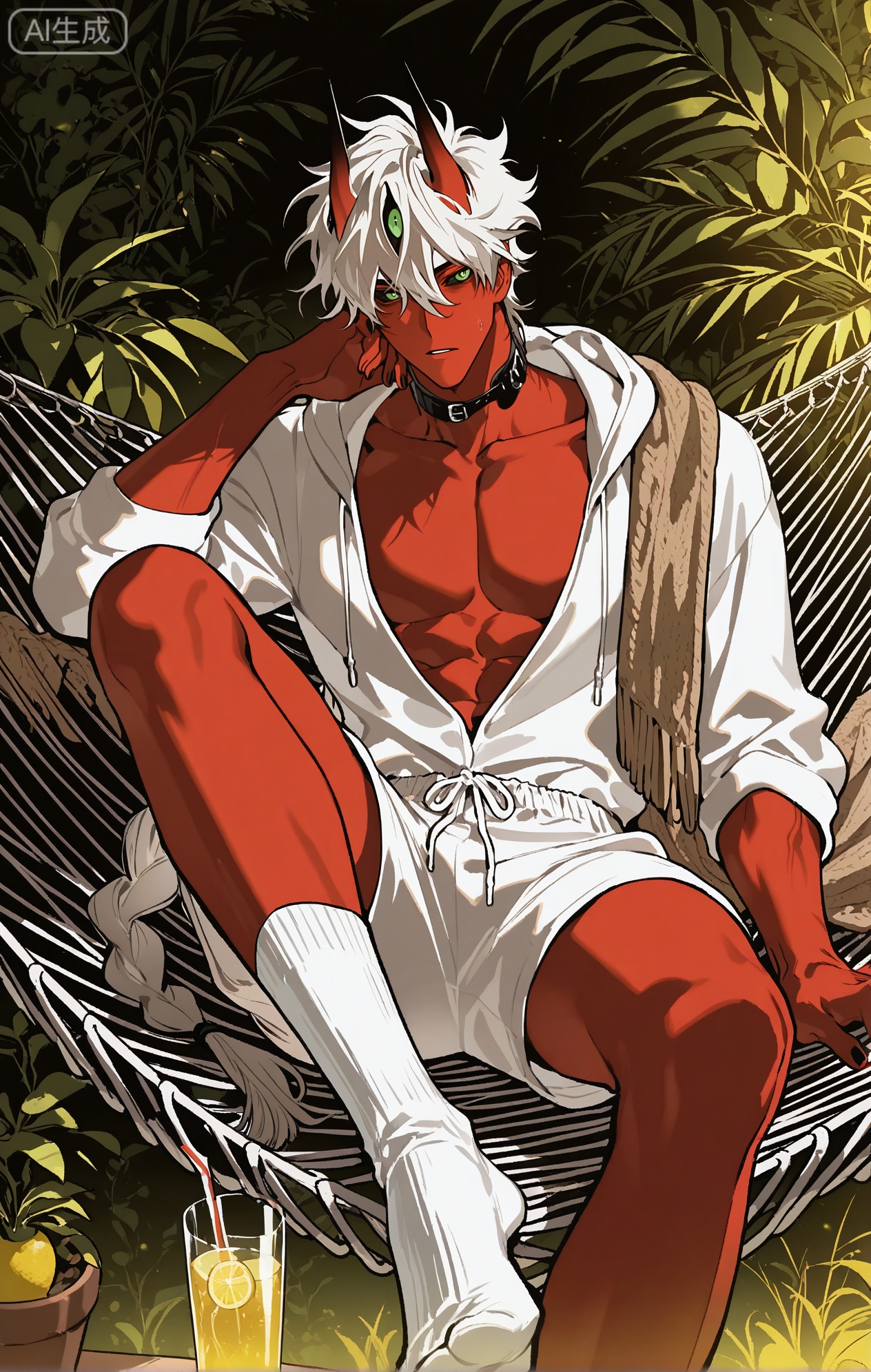 
rider,rider_omysmm,white hair,single braid,red skin,black sclera,green eyes,red horns,extra eyes.Rider \(on my way to see my mom\),Eyes on hair

xiaozhitiao,dianmei,1boy,bangs ,socks,white socks,dianmei (artist:mazjojo:0.53),(artist:pigeon666:0.37),(artist:zawar379:0.57),(artist:remsrar:0.35),(artist:yoneyama mai:0.64),(yokoyari mengo:0.6),1boy,male focus,solo,medium - length wavy hair,hooded pajamas,hood down, a light - brown knitted scarf draped over his shoulders, his toned abs visible as he dozes off in a hammock on a wooden patio. The hammock is strung between two posts, and there's a small side table with a half - read book and a glass of lemonade. Potted ferns line the edges of the patio, and the afternoon sun casts a warm, yellow glow.,White bodysuit