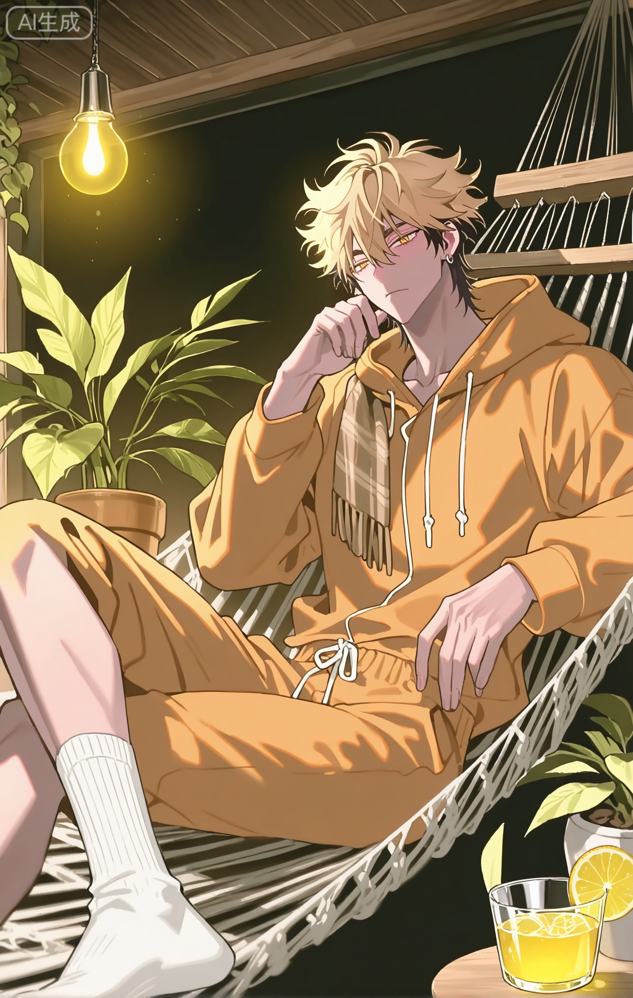 
((1boy Felix \(LINK CLICK\))),1boy,blonde hair,earrings,short hair,hair between eyes,black hair,multicolored hair,yellow eyes,
two-tone hair

xiaozhitiao,dianmei,1boy,bangs ,socks,white socks,dianmei (artist:mazjojo:0.53),(artist:pigeon666:0.37),(artist:zawar379:0.57),(artist:remsrar:0.35),(artist:yoneyama mai:0.64),(yokoyari mengo:0.6),1boy,male focus,solo,medium - length wavy hair,hooded pajamas,hood down, a light - brown knitted scarf draped over his shoulders, his toned abs visible as he dozes off in a hammock on a wooden patio. The hammock is strung between two posts, and there's a small side table with a half - read book and a glass of lemonade. Potted ferns line the edges of the patio, and the afternoon sun casts a warm, yellow glow.,White bodysuit