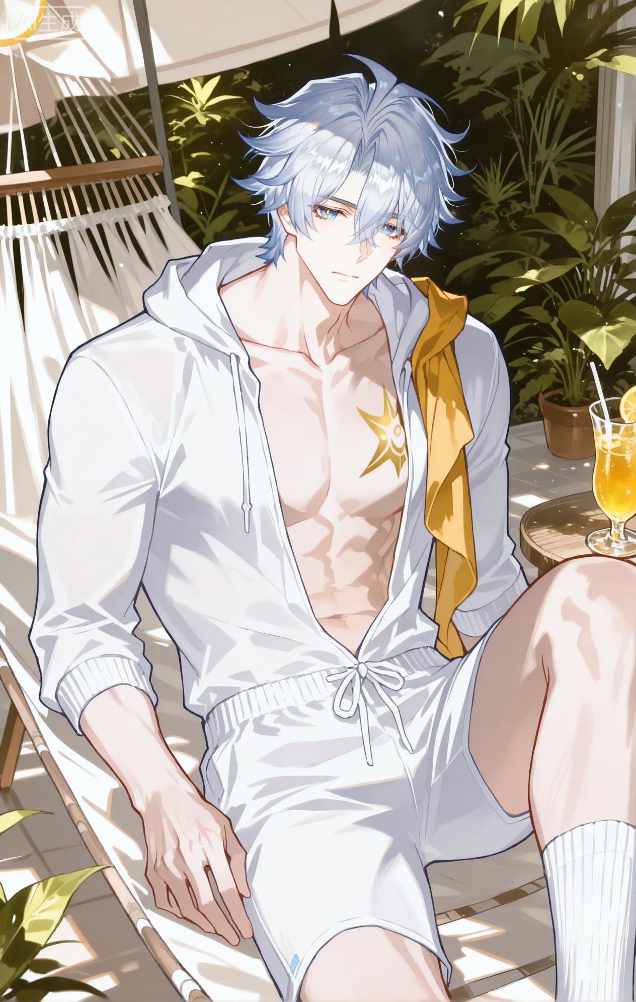 Small note art style,,xiaozhitiao,

((1boy,phainon (honkai: star rail),white hair,blue eyes,short hair,ahogeSun tattoo, yellow tattoo,xiaozhitiao,dianmei,1boy,bangs ,socks,white socks,dianmei (artist:mazjojo:0.53),(artist:pigeon666:0.37),(artist:zawar379:0.57),(artist:remsrar:0.35),(artist:yoneyama mai:0.64),(yokoyari mengo:0.6),1boy,male focus,solo,medium - length wavy hair,hooded pajamas,hood down, a light - brown knitted scarf draped over his shoulders, his toned abs visible as he dozes off in a hammock on a wooden patio. The hammock is strung between two posts, and there's a small side table with a half - read book and a glass of lemonade. Potted ferns line the edges of the patio, and the afternoon sun casts a warm, yellow glow.,White bodysuit