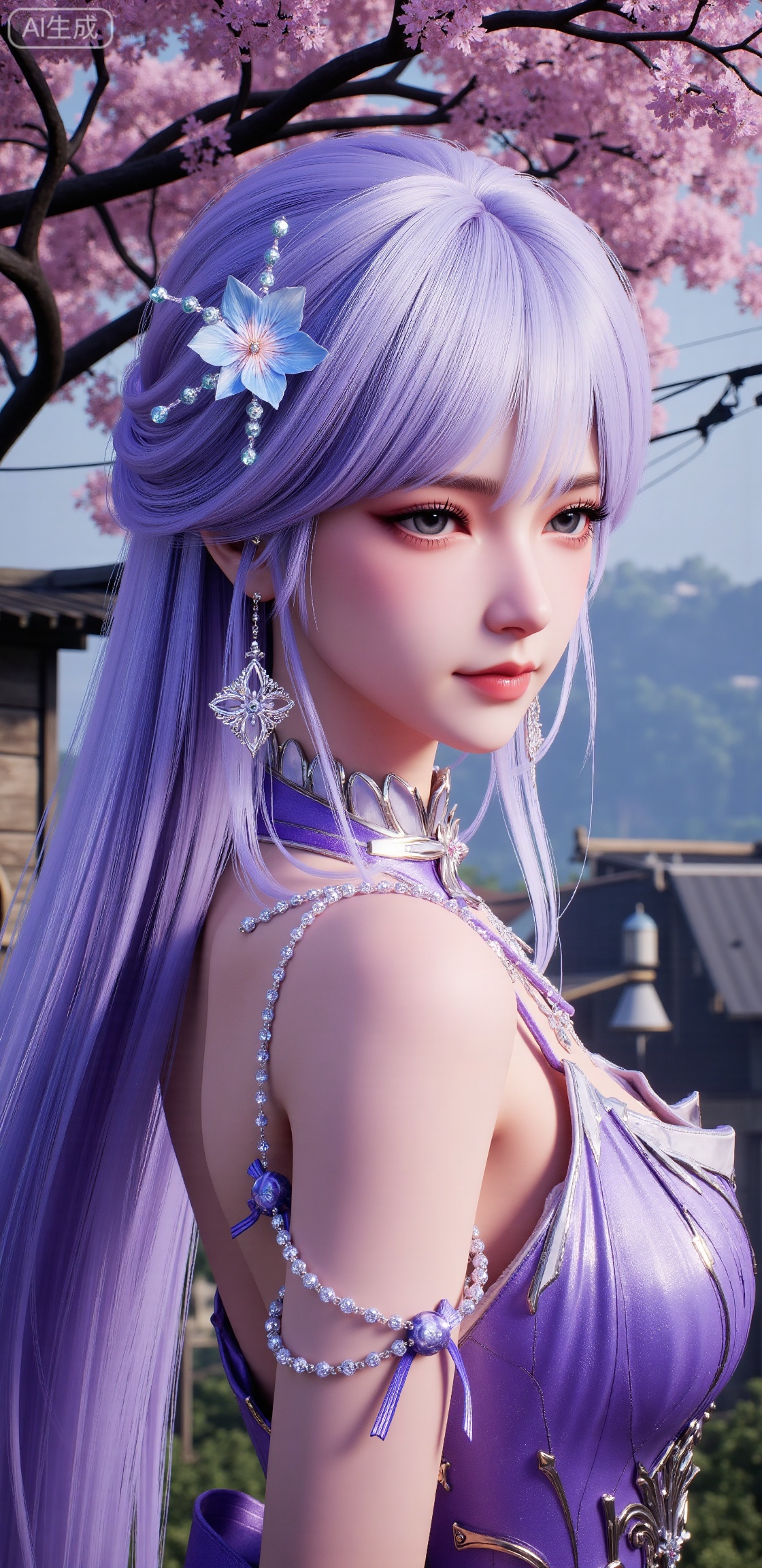 masterpiece,best quality,highly detailed,game_cg,absurdres,wallpaper, 1girl,dress,long_hair,purple hair,close up,tree,flowers,utility pole,house,whmv,cxer_,gm_fhen,hfqh,GFlx,LX_HT,LX_DCTUI,Xzhongxiu,gmns,ngrx,pf,cai_er