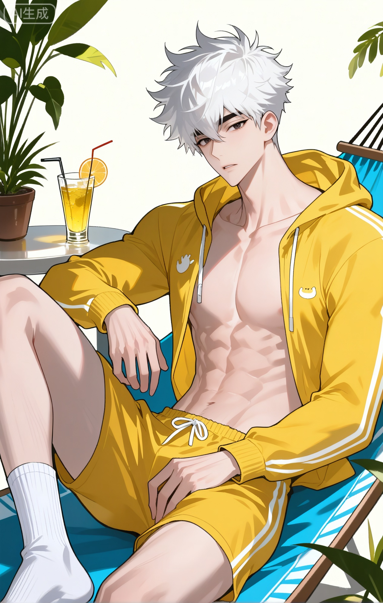 
Lu_Guang,white hair,black eyes,Lu Guang \(LINK CLICK\),short hair

xiaozhitiao,dianmei,1boy,bangs ,socks,white socks,dianmei (artist:mazjojo:0.53),(artist:pigeon666:0.37),(artist:zawar379:0.57),(artist:remsrar:0.35),(artist:yoneyama mai:0.64),(yokoyari mengo:0.6),1boy,male focus,solo,medium - length wavy hair,hooded pajamas,hood down, a light - brown knitted scarf draped over his shoulders, his toned abs visible as he dozes off in a hammock on a wooden patio. The hammock is strung between two posts, and there's a small side table with a half - read book and a glass of lemonade. Potted ferns line the edges of the patio, and the afternoon sun casts a warm, yellow glow.,White bodysuit