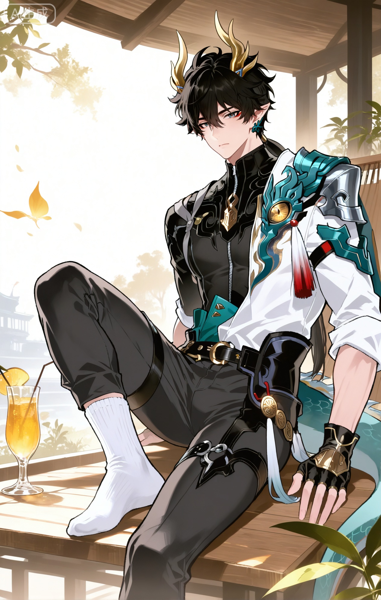 
(1boy (dan heng (permansor terrae) (honkai: star rail)),dan_heng,Gray eyes,leg loops,Green Dragon Tail,Black tight fitting clothes,dragon horns,fingerless gloves,pants,belt,pointy ears,horns,boots,earrings,ponytail,jewelry,hair between eyes,black hair,shirt,bangs,long hai

xiaozhitiao,dianmei,1boy,bangs ,socks,white socks,dianmei (artist:mazjojo:0.53),(artist:pigeon666:0.37),(artist:zawar379:0.57),(artist:remsrar:0.35),(artist:yoneyama mai:0.64),(yokoyari mengo:0.6),1boy,male focus,solo,medium - length wavy hair,hooded pajamas,hood down, a light - brown knitted scarf draped over his shoulders, his toned abs visible as he dozes off in a hammock on a wooden patio. The hammock is strung between two posts, and there's a small side table with a half - read book and a glass of lemonade. Potted ferns line the edges of the patio, and the afternoon sun casts a warm, yellow glow.,White bodysuit