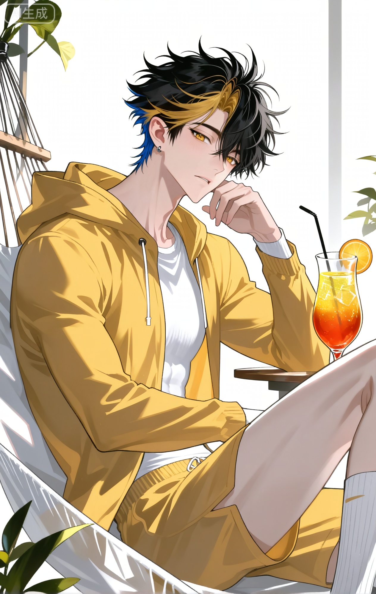 
((1boy Felix \(LINK CLICK\))),1boy,blonde hair,earrings,short hair,hair between eyes,,multicolored hair,yellow eyes,
two-tone hair

xiaozhitiao,dianmei,1boy,bangs ,socks,white socks,dianmei (artist:mazjojo:0.53),(artist:pigeon666:0.37),(artist:zawar379:0.57),(artist:remsrar:0.35),(artist:yoneyama mai:0.64),(yokoyari mengo:0.6),1boy,male focus,solo,medium - length wavy hair,hooded pajamas,hood down, a light - brown knitted scarf draped over his shoulders, his toned abs visible as he dozes off in a hammock on a wooden patio. The hammock is strung between two posts, and there's a small side table with a half - read book and a glass of lemonade. Potted ferns line the edges of the patio, and the afternoon sun casts a warm, yellow glow.,White bodysuit