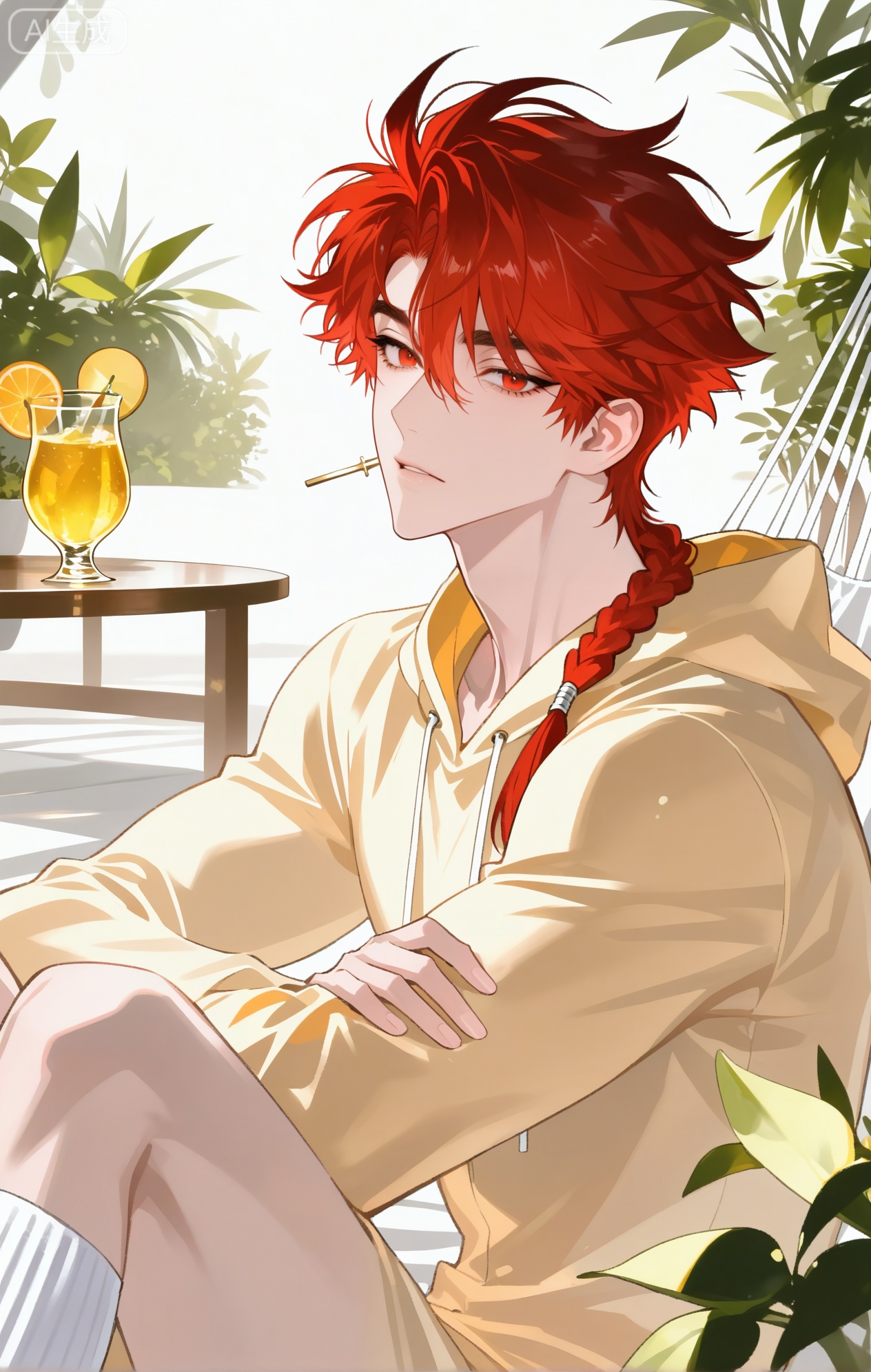 
vein\(link click\),Vein,short hair, red hair, red eyes, braided hair,braided ponytail, jewelry,single earring

xiaozhitiao,dianmei,1boy,bangs ,socks,white socks,dianmei (artist:mazjojo:0.53),(artist:pigeon666:0.37),(artist:zawar379:0.57),(artist:remsrar:0.35),(artist:yoneyama mai:0.64),(yokoyari mengo:0.6),1boy,male focus,solo,medium - length wavy hair,hooded pajamas,hood down, a light - brown knitted scarf draped over his shoulders, his toned abs visible as he dozes off in a hammock on a wooden patio. The hammock is strung between two posts, and there's a small side table with a half - read book and a glass of lemonade. Potted ferns line the edges of the patio, and the afternoon sun casts a warm, yellow glow.,White bodysuit