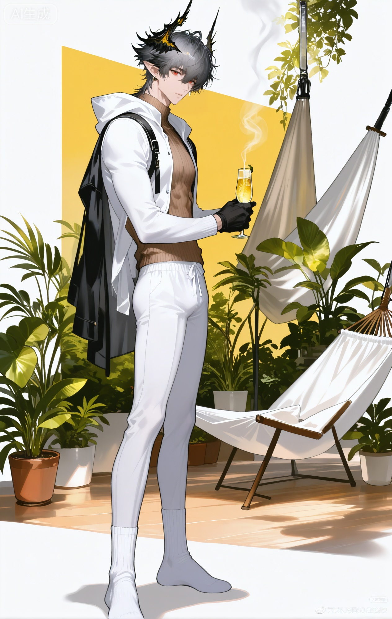 
1boy,male focus,gloves,solo,pointy ears,black gloves,red eyes,looking at viewer,holding,upper body,earrings,jewelry,long sleeves,long hair,grey hair,horns,smoke,jacket,black jacket,hair between eyes,from side,grey background,shirt,Logos_\(Arknights\),looking at viewer, simple background, white background, holding, closed mouth, standing, full body, male focus, pants, weibo username

xiaozhitiao,dianmei,1boy,bangs ,socks,white socks,dianmei (artist:mazjojo:0.53),(artist:pigeon666:0.37),(artist:zawar379:0.57),(artist:remsrar:0.35),(artist:yoneyama mai:0.64),(yokoyari mengo:0.6),1boy,male focus,solo,medium - length wavy hair,hooded pajamas,hood down, a light - brown knitted scarf draped over his shoulders, his toned abs visible as he dozes off in a hammock on a wooden patio. The hammock is strung between two posts, and there's a small side table with a half - read book and a glass of lemonade. Potted ferns line the edges of the patio, and the afternoon sun casts a warm, yellow glow.,White bodysuit