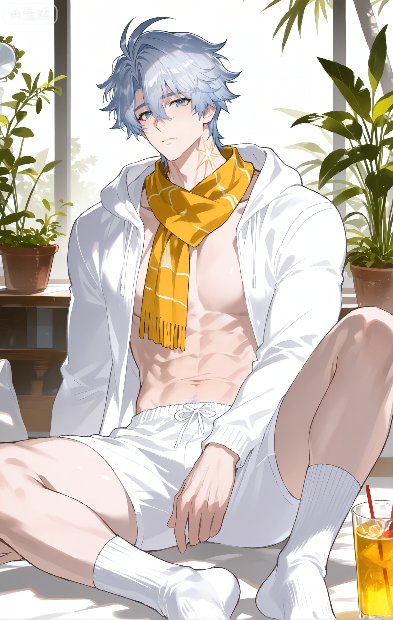 Small note art style,,xiaozhitiao,

((1boy,phainon (honkai: star rail),white hair,blue eyes,short hair,ahogeSun tattoo, yellow tattoo,xiaozhitiao,dianmei,1boy,bangs ,socks,white socks,dianmei (artist:mazjojo:0.53),(artist:pigeon666:0.37),(artist:zawar379:0.57),(artist:remsrar:0.35),(artist:yoneyama mai:0.64),(yokoyari mengo:0.6),1boy,male focus,solo,medium - length wavy hair,hooded pajamas,hood down, a light - brown knitted scarf draped over his shoulders, his toned abs visible as he dozes off in a hammock on a wooden patio. The hammock is strung between two posts, and there's a small side table with a half - read book and a glass of lemonade. Potted ferns line the edges of the patio, and the afternoon sun casts a warm, yellow glow.,White bodysuit