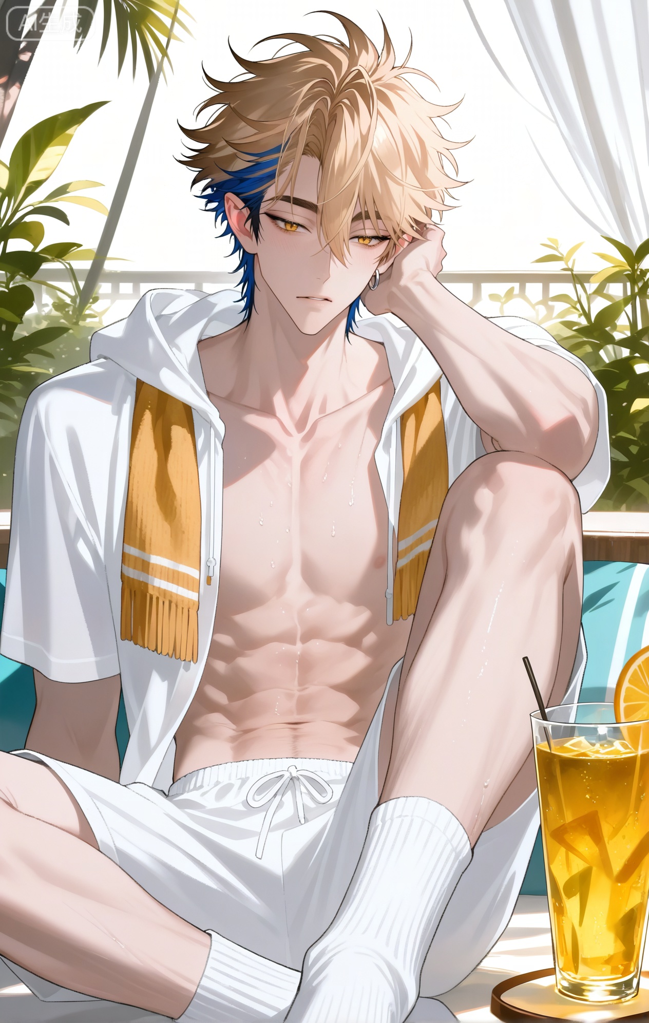 
((1boy Felix \(LINK CLICK\))),1boy,blonde hair,earrings,short hair,hair between eyes,,multicolored hair,yellow eyes,
two-tone hair

xiaozhitiao,dianmei,1boy,bangs ,socks,white socks,dianmei (artist:mazjojo:0.53),(artist:pigeon666:0.37),(artist:zawar379:0.57),(artist:remsrar:0.35),(artist:yoneyama mai:0.64),(yokoyari mengo:0.6),1boy,male focus,solo,medium - length wavy hair,hooded pajamas,hood down, a light - brown knitted scarf draped over his shoulders, his toned abs visible as he dozes off in a hammock on a wooden patio. The hammock is strung between two posts, and there's a small side table with a half - read book and a glass of lemonade. Potted ferns line the edges of the patio, and the afternoon sun casts a warm, yellow glow.,White bodysuit