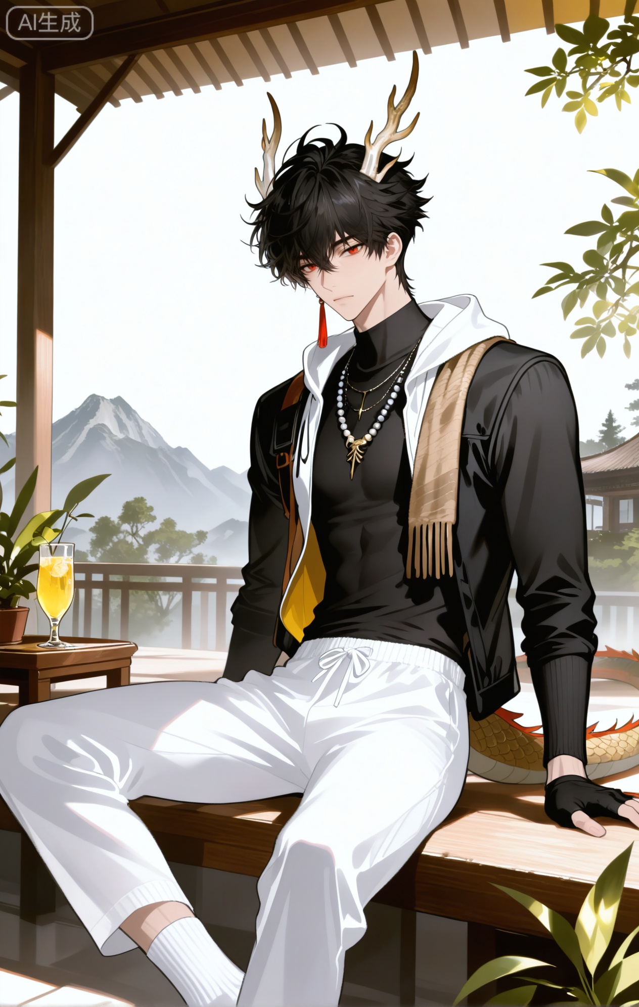 
JianXingZhu \(Return of the Dragon Tide\)solo, short hair, shirt, black hair, red eyes, gloves, long sleeves, 1boy, jewelry, sitting, closed mouth, jacket, tail, white shirt, male focus, earrings, outdoors, horns, black gloves, pants, fingerless gloves, necklace, open jacket, tree, feet out of frame, leaf, tassel, dragon horns, beads, mountain, white pants, dragon tail, branch, antlers, bishounen, tassel earrings

xiaozhitiao,dianmei,1boy,bangs ,socks,white socks,dianmei (artist:mazjojo:0.53),(artist:pigeon666:0.37),(artist:zawar379:0.57),(artist:remsrar:0.35),(artist:yoneyama mai:0.64),(yokoyari mengo:0.6),1boy,male focus,solo,medium - length wavy hair,hooded pajamas,hood down, a light - brown knitted scarf draped over his shoulders, his toned abs visible as he dozes off in a hammock on a wooden patio. The hammock is strung between two posts, and there's a small side table with a half - read book and a glass of lemonade. Potted ferns line the edges of the patio, and the afternoon sun casts a warm, yellow glow.,White bodysuit