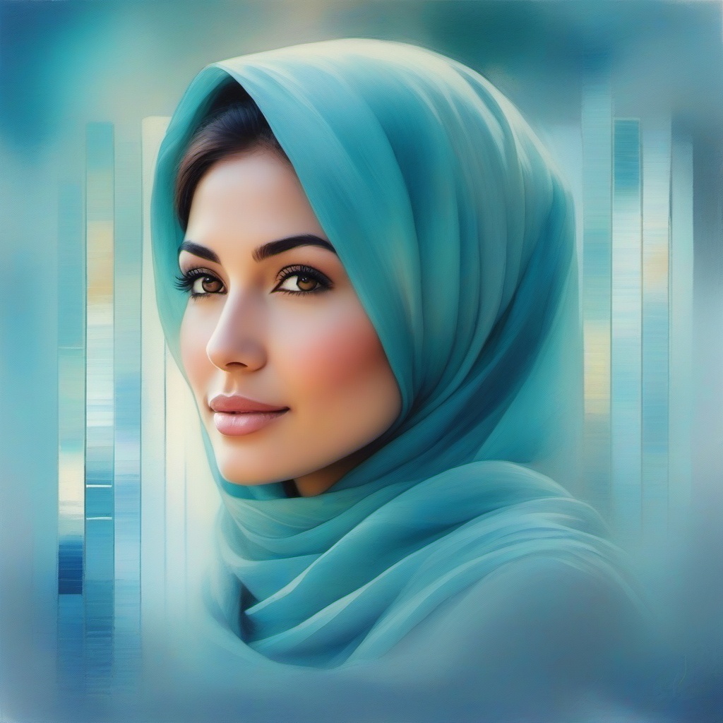 triple exposure effect,  soft painterly portrait of a young woman wearing a pastel hijab,  deep dreamy blue tones on Tenso...