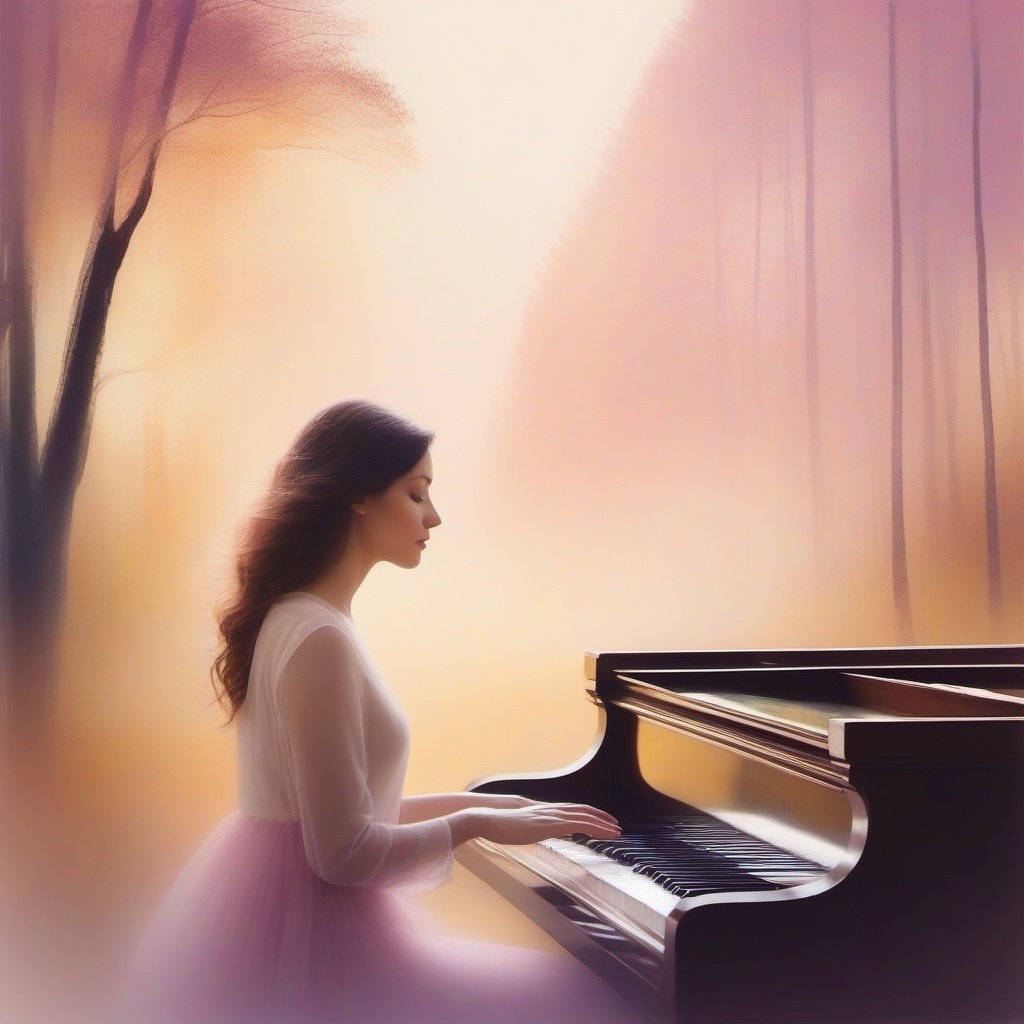 triple exposure effect,  portrait of a woman + piano silhouette + forest atmosphere,  soft painterly blending on Tensor.Art
