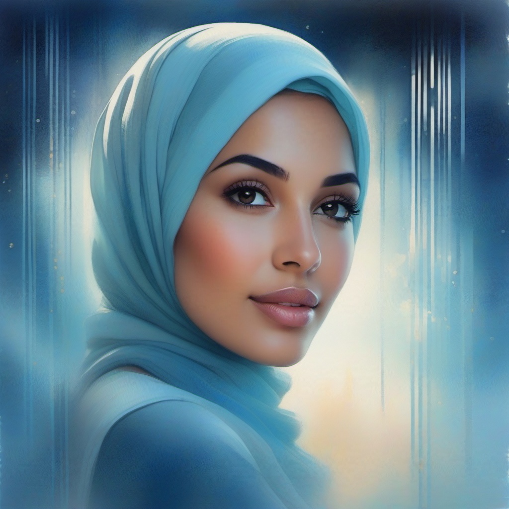 triple exposure effect,  soft painterly portrait of a young woman wearing a pastel hijab,  deep dreamy blue tones on Tenso...