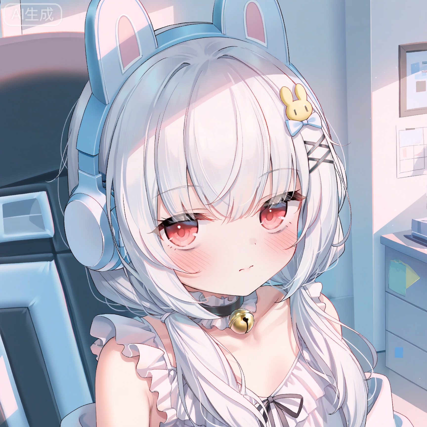 masterpiece,absurdres,best quality,((petite)),high quality,chromatic_aberration,
//,
girl,solo,fake_animal_ears,animal_ear_headphones,headphones,animal_ears,swivel_chair,red_eyes,twintails,long_hair,closed_mouth,bell,low_twintails,hair_bow,looking_at_viewer,hair_ornament,frills,office_chair,blush,white_dress,rabbit_hair_ornament,on_chair,bow,hairclip,white_hair,blue_bow,rabbit_ears,gaming_chair,jingle_bell,sleeveless,choker,chair,sitting,neck_bell,collarbone,hair_over_shoulder,x_hair_ornament,hair_between_eyes,sleeveless_dress,bare_shoulders,dress,black_choker,indoors,frilled_dress,grey_hair,upper_body,mouse_\(computer\),monitor,frilled_choker,bags_under_eyes,white_bow,hair_intakes
