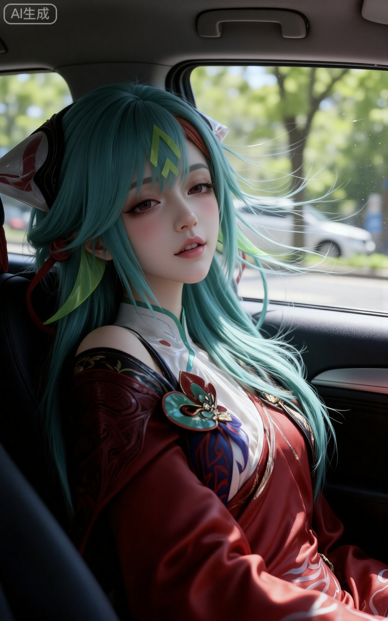 The character in the picture has long turquoise hair, exquisite hair accessories, and is dressed in red and black clothes with exquisite designs. This person is sitting in the back seat of a car, and can see the fresh greenery of the street through the car window, creating a daily and relaxing atmosphere. His hair is blown by the wind, and the picture captures the person leaning against the car window with melancholy eyes, as if he is sleeping or resting. There are light and shadow effects on the hair and face, combined with simple outfits and fresh window scenery, conveying a comfortable and comfortable living atmosphere. The background outside the car is shown. The light is bright and it's daytime.,ssy,Fujifilm-style portrait,50 mm f1.4, Kodak Portra 400, soft box k,large natural breast,soft breasts