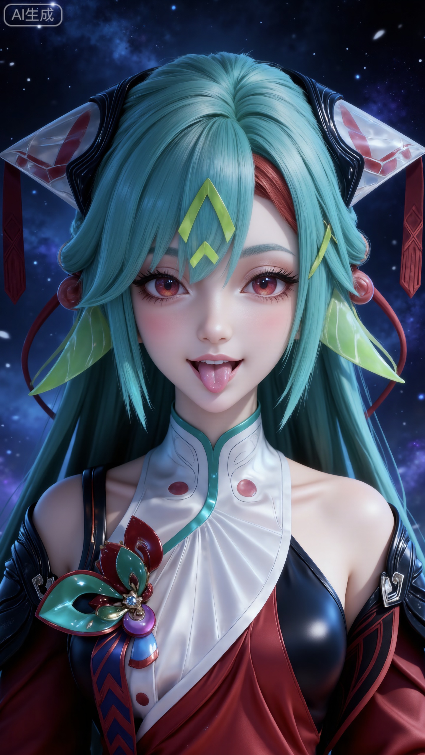 1 girl, solo, turquoise hair, exquisite hair accessories. The character has a playful expression, his tongue hangs out, and a small drop of water can be seen on his chin. She is wearing a red and black outfit, close-up of the character's face, front view, shot from the front and below. The background is a dark starry sky with swirling nebulae.