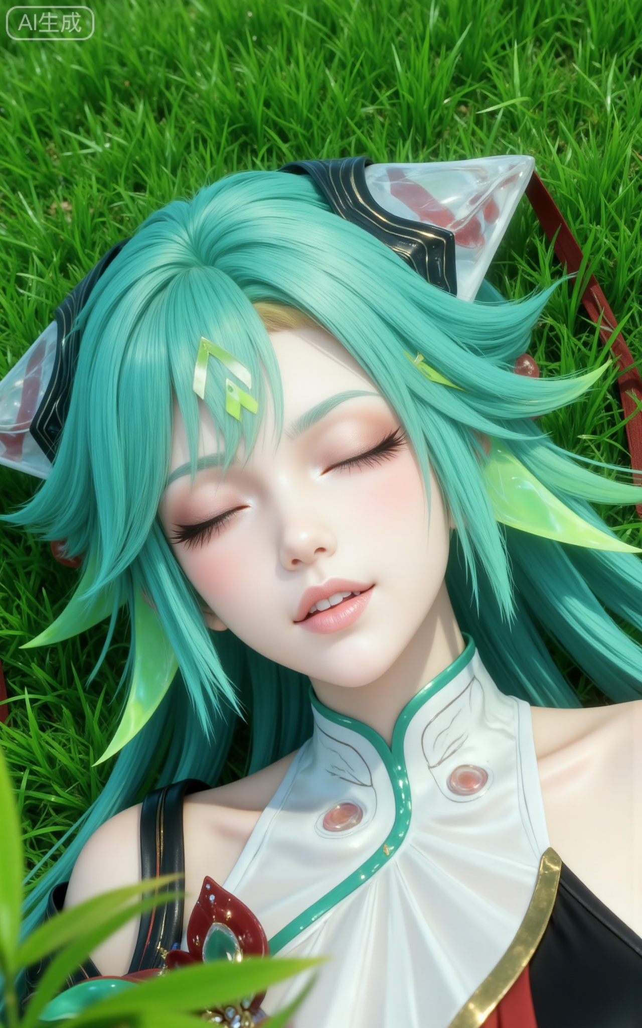 It shows a character lying on the grass. The character has long turquoise hair, exquisite hair accessories, and wears black and white clothing. The character's eyes are lightly closed, his expression is peaceful, as if he is resting quietly. The background is green grass, with no other discernible objects or people in the frame.