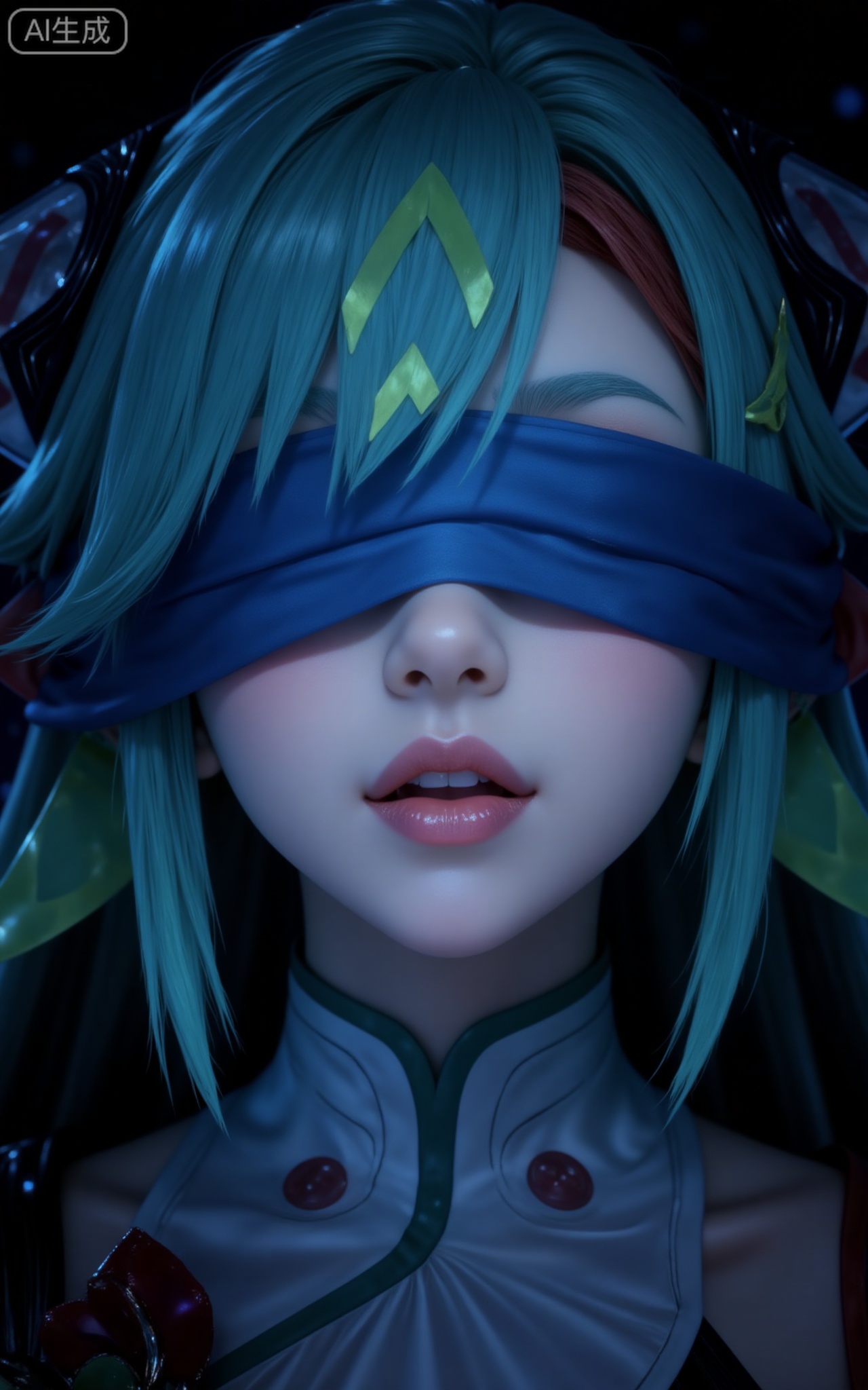 The character in the picture has long turquoise hair and an exquisite headdress. The eyes are covered by blue fabric, and the lips are slightly open, and the lips are moist and reflective, adding a mysterious and ethereal temperament. The character wears black and red clothes with a white stand-up collar. A portrait with the face as the main subject, focus on the face, close-up of the face. The background is dark, supplemented by subtle blue light effects, enhancing the mysterious atmosphere.