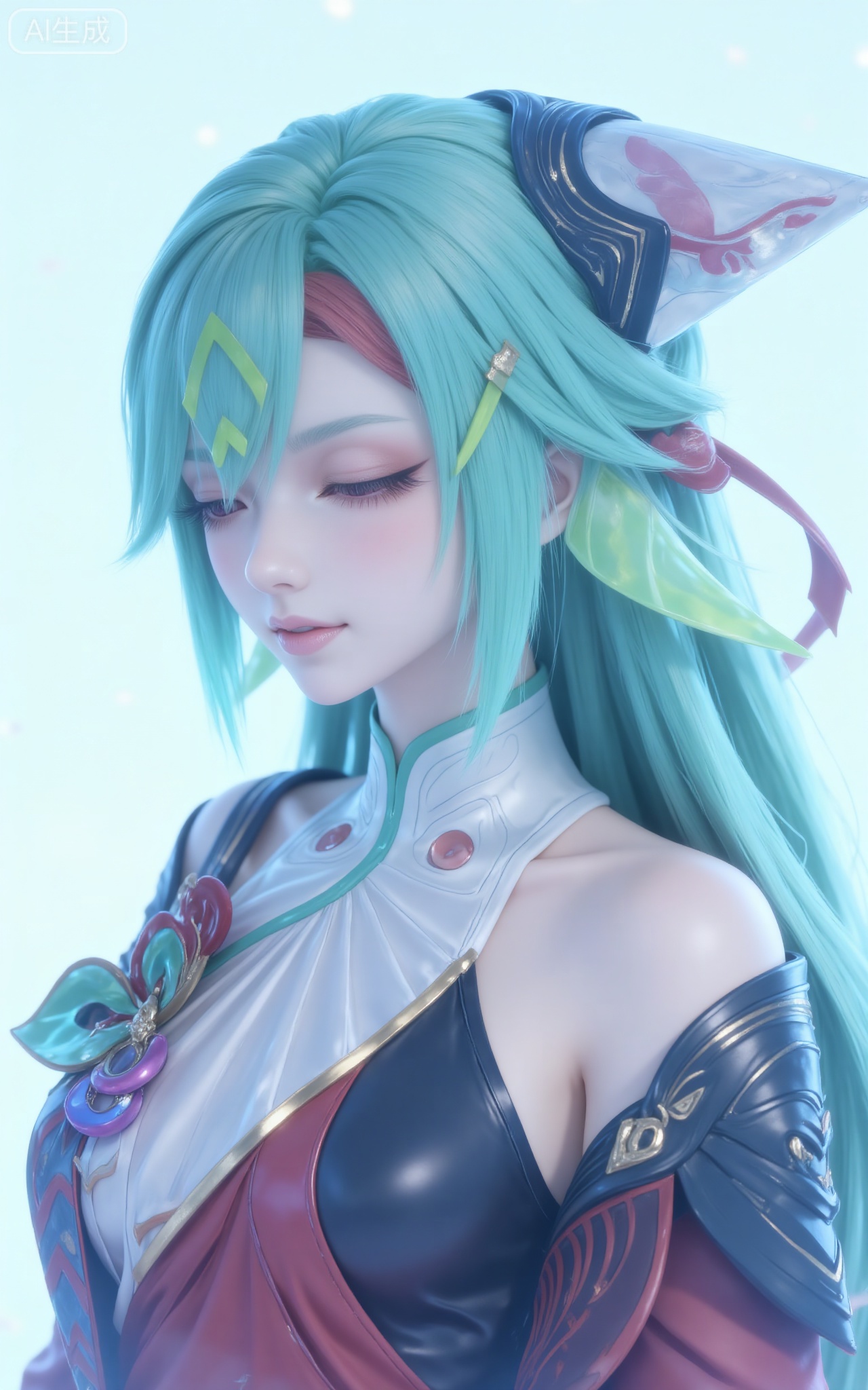 The picture shows a character with rich details and distinctive style, with long turquoise hair and an exquisite headdress. She has a peaceful expression, light pink eyes, slightly flushed cheeks, sideways, portrait from the chest up; wearing a high-collar dress, with eye-catching floral patterns on the shoulders, the overall background is soft light blue, creating a tranquil and ethereal artistic conception. Its aesthetic style is similar to a fantasy or science fiction setting, highlighting the complex and extraordinary appearance of the characters.