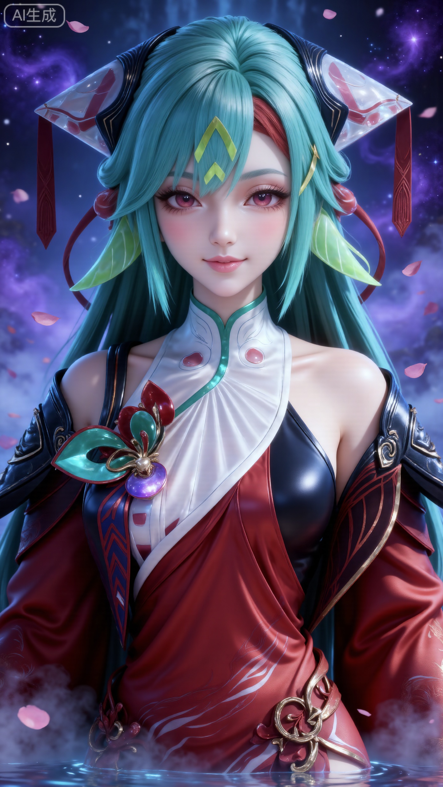 1 girl, solo, with long turquoise hair and an exquisite headdress. The character is dressed in red and black clothing with ornate and intricate patterns, and has a huge decorative brooch on her chest. It adopts Chinese fantasy style, digital painting texture, thick coating technique to create the three-dimensional texture of characters and clothing, smudging to soften the connection between hair, smoke and background, overlaying to superimpose clothing patterns and skin reflection details, and diffuse gradient to present dark indigo smoke and fine starlight. The hazy atmosphere; the material description distinguishes the luster of silk clothing, the cold reflection of metal decoration, and the transparent texture of skin. The light effect rendering (luminous layer + particle brush) enhances the fantasy feeling of fluorescent ripples on the water surface. The overall color is mainly purple and blue, with warm tones embellishment to unify the atmosphere. The background is a diffuse gradient of purple-purple nebula vortex and floating petals. The halo technique is used to create a foggy atmosphere. The golden edges of clothing and hair highlights are overlaid. The overall tone is cold purple and blue. It combines the thick paint texture of Chinese comics and the fantasy hazy halo effect. The picture is rich in details and has distinct layers of light and shadow. ssy.