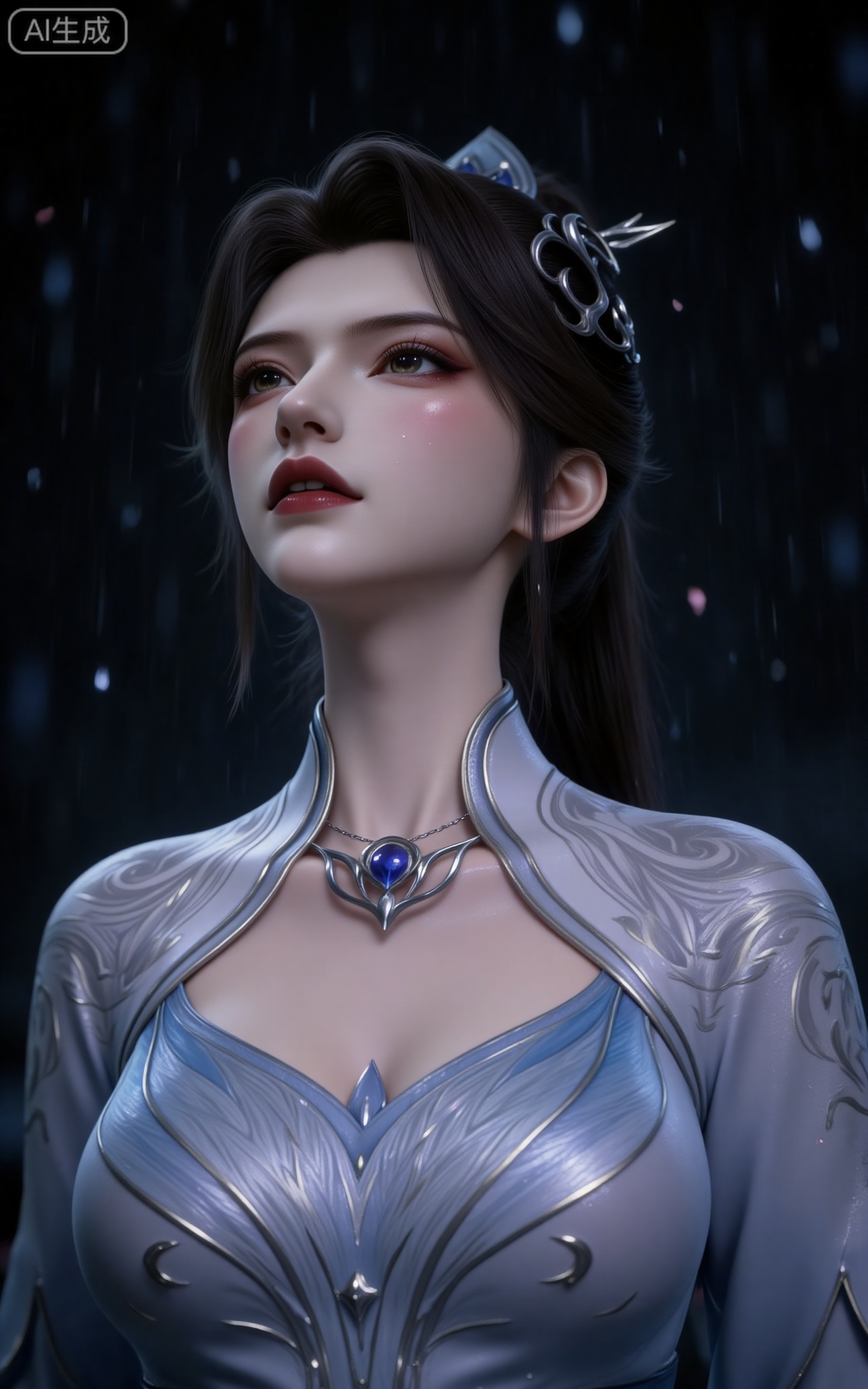 1 Girl, solo, upper body of the character, slightly sideways, shot from the side, wearing light blue clothing, decorated with exquisite silver embroidery, exquisite hair accessories, and a blue gemstone necklace. The face is voluptuous, the lip color is red and reflective, the lips are full, and the portrait is from the chest up. The background is a rainy night (black, dense raindrops are reflective, and the details are crystal clear water droplets distributed in the hair and cheeks). The overall atmosphere is poignant and cold (the red and gold color combination conveys nobility and pain, and the character's perseverance shows the stubbornness in the rain). The character is slightly sideways and looking up, Adopting 3D rendering, high-precision modeling, PBR materials, cool and charming temperament, rainy scene, water mist effect, particle effects (raindrops/petals), dynamic blur, movie-level lighting, HDR rendering, 8K resolution, ultra-high details, skin subsurface scattering, cloth physical simulation, metal reflection, emotion (dominant, alluring).