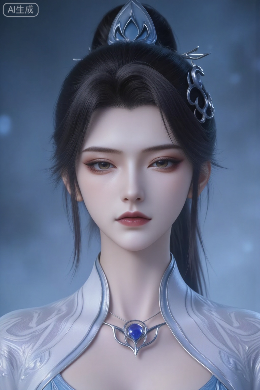 1 girl, solo, with black hair, high ponytail, exquisite hair accessories, light blue dress, decorated with exquisite silver embroidery, wearing a blue gemstone necklace. Super close-up, front view + low-angle shot (super wide-angle vision enhances the near and far size), the character occupies the entire picture, creating a sense of oppression at close range; the character's head is slightly tilted back, the chin is raised forcefully, and the neck line is stretched, showing a proud posture; the eyes are lowered, looking down at the camera/audience from a high place, with a sense of contempt in the eyes, the eyelids are slightly drooped but the eyeballs are clearly pointed downward, and the raised The chin creates a sense of contrast that "looks down at all living beings"; ultra-realistic 3D rendering, 8K resolution, skin texture is clearly visible, and hair strands are distinct; movie-level cold-toned lighting enhances the three-dimensionality of the face and clothing, and the CG texture is full; the background is a blurry foggy atmosphere with light and shadow, without interference from unnecessary elements; the metal texture of the clothing, the luster of gems, and the light and shadow refraction of the hair are all presented in extreme detail