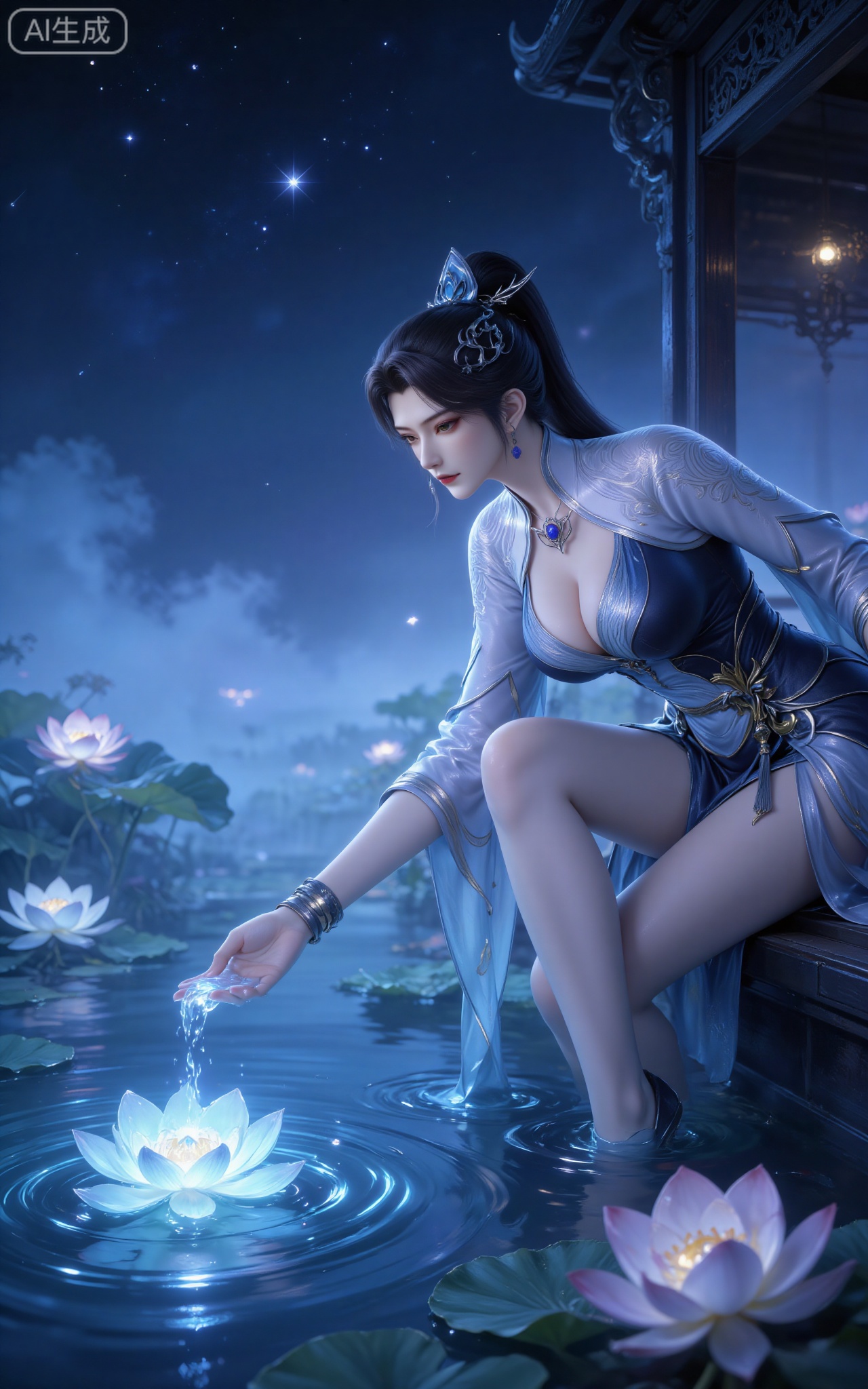 The image depicts a serene nighttime scene with a woman leaning out of a window. She is dressed in an elegant, traditional outfit with intricate designs and a blue gemstone pendant around her neck. Her hair is styled with ornate accessories, and she is gazing at a body of water where ripples are forming from her hand. The water is surrounded by lotus flowers, and the background shows a misty, starry sky with faint lights in the distance. The overall atmosphere is tranquil and mystical, with a focus on the interplay of light and water.