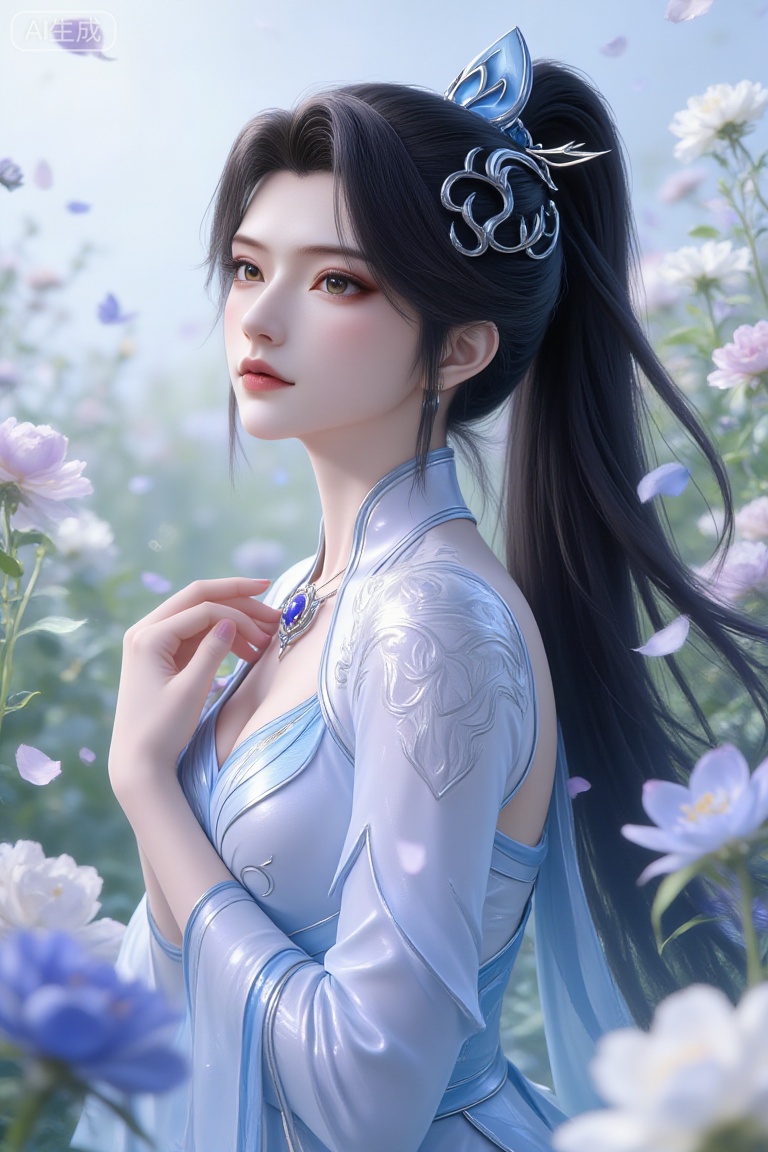 The picture shows an exquisitely rendered anime-style character with long flowing black hair, decorated with exquisite hair accessories, and wearing a sapphire necklace. The character wears a complicated and dreamy dress, the main color is light blue, and the details are gorgeous. The background is a gorgeous flower field, with petals gently fluttering around the characters, creating a peaceful and fantasy atmosphere. The overall scene is filled with a sense of fantasy and tranquility.