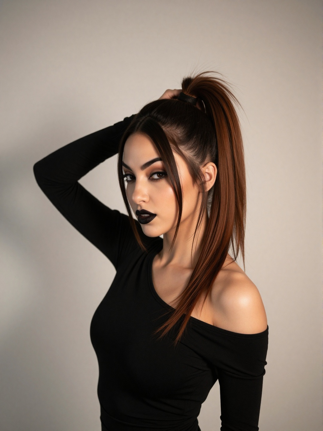 The image shows a person with long,  straight hair tied up in a high ponytail. They are wearing a black off-shoulder top a...