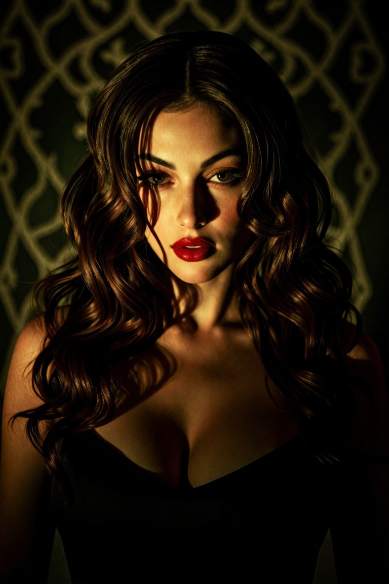 a Neo-Gothic Noir photograph,  radiates a magnetic,  enigmatic allure. The scene is steeped in dramatic chiaroscuro lighti...