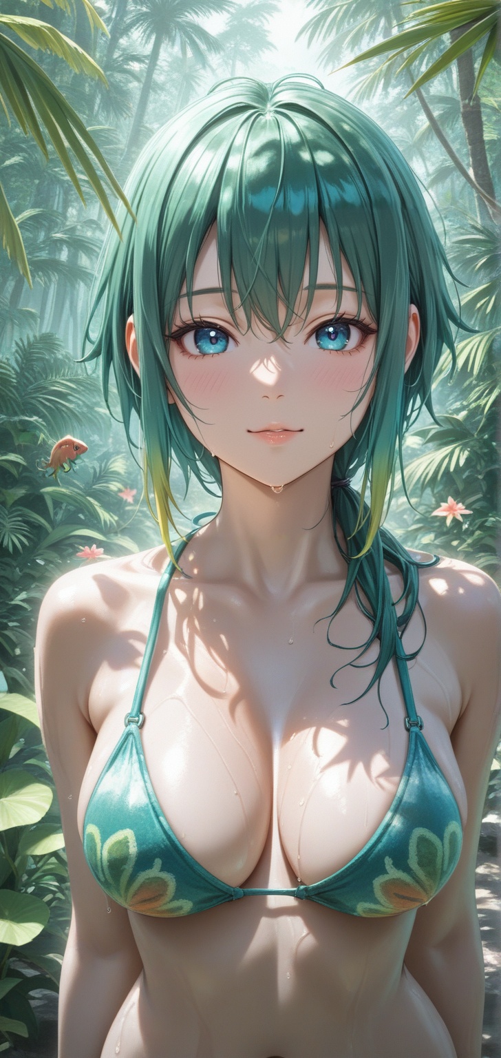 A stunning cinematic close-up portrait of a beautiful Asian woman standing in a lush tropical rainforest. **The Subject:**...
