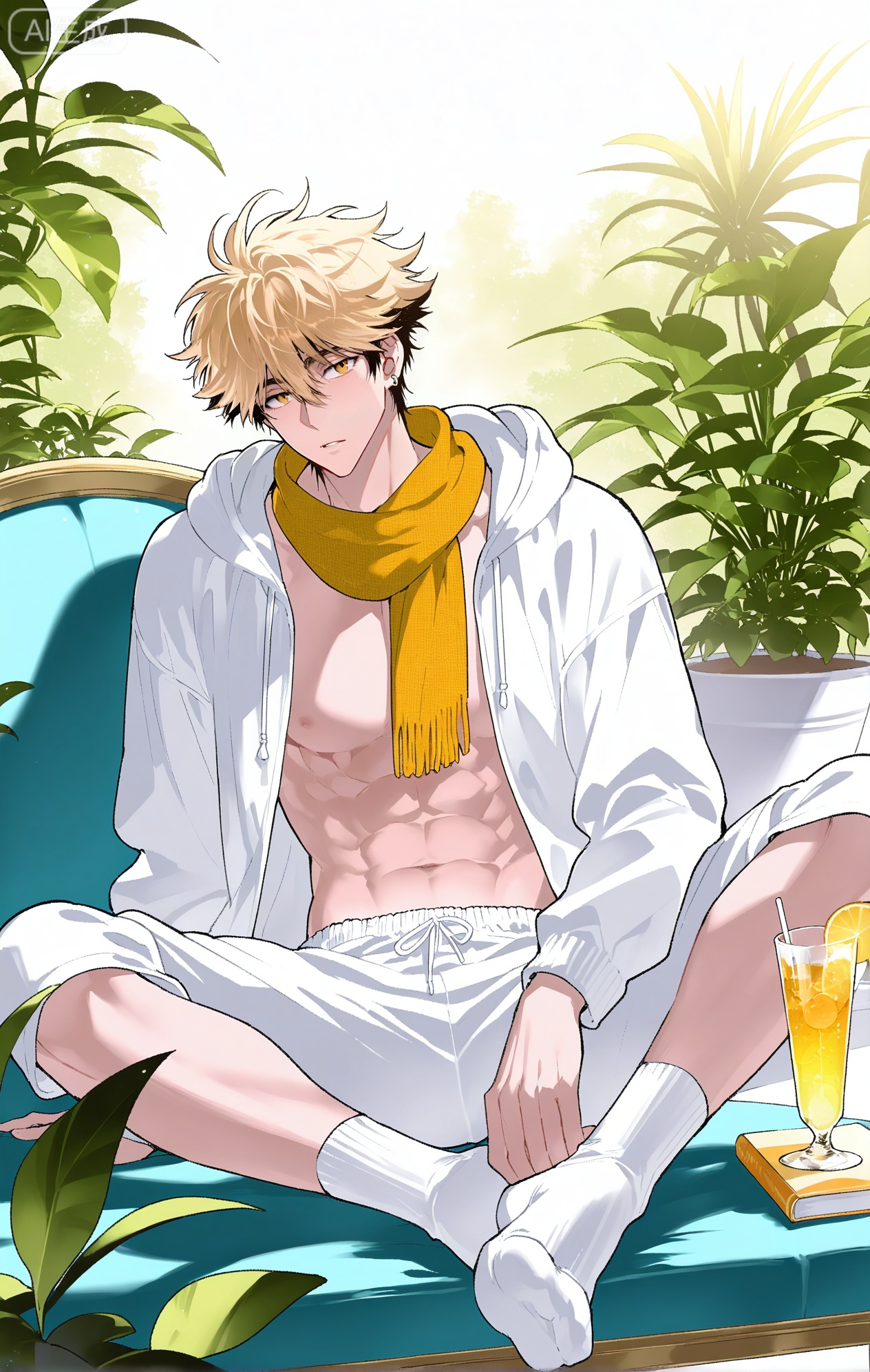 1boy Felix \(LINK CLICK\))),1boy,blonde hair,earrings,short hair,hair between eyes,multicolored hair,yellow eyes,

xiaozhitiao,dianmei,1boy,bangs ,socks,white socks,dianmei (artist:mazjojo:0.53),(artist:pigeon666:0.37),(artist:zawar379:0.57),(artist:remsrar:0.35),(artist:yoneyama mai:0.64),(yokoyari mengo:0.6),1boy,male focus,solo,medium - length wavy hair,hooded pajamas,hood down, a light - brown knitted scarf draped over his shoulders, his toned abs visible as he dozes off in a hammock on a wooden patio. The hammock is strung between two posts, and there's a small side table with a half - read book and a glass of lemonade. Potted ferns line the edges of the patio, and the afternoon sun casts a warm, yellow glow.,White bodysuit
