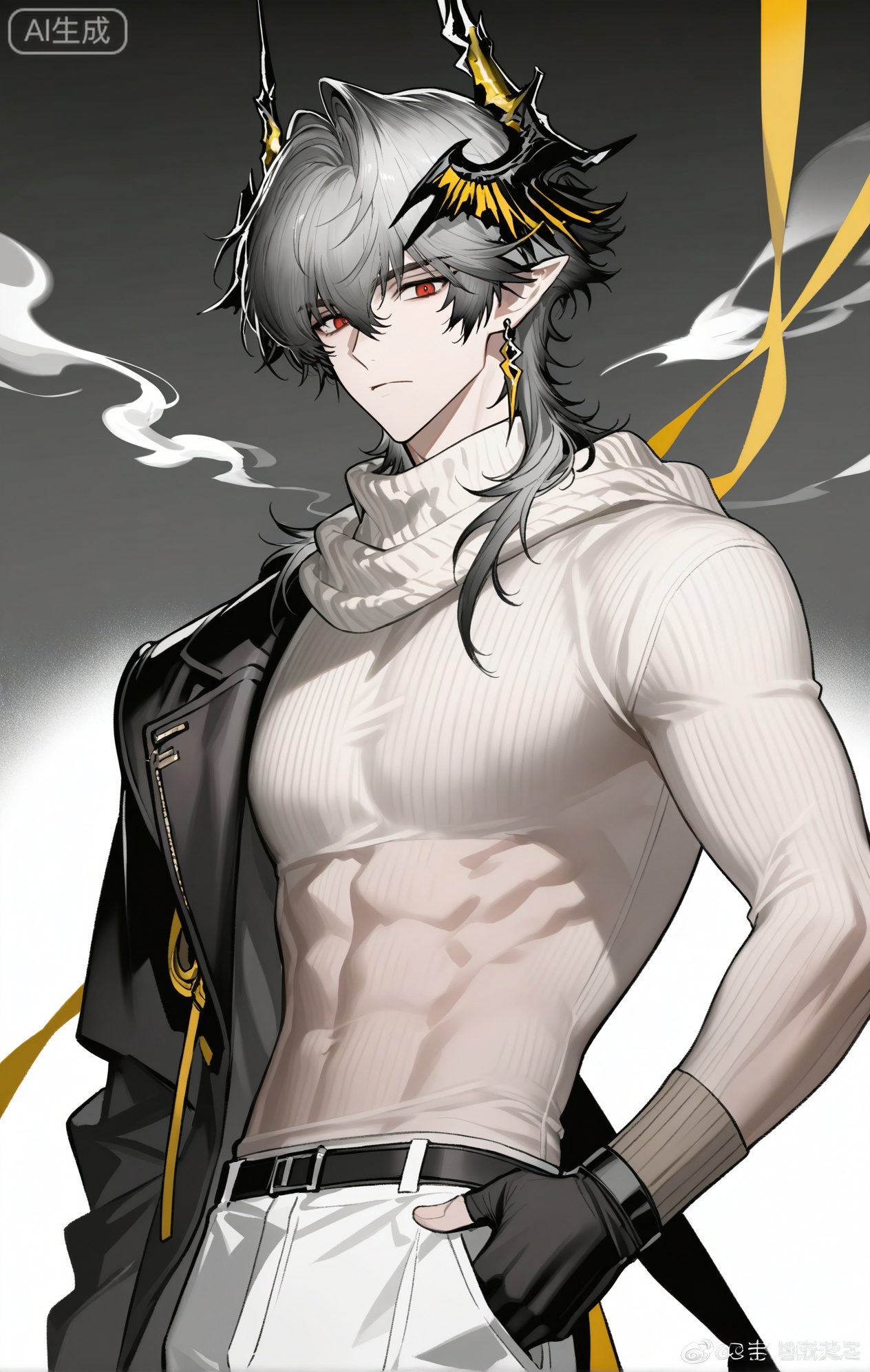 
1boy,male focus,gloves,solo,pointy ears,black gloves,red eyes,looking at viewer,holding,upper body,earrings,jewelry,long sleeves,long hair,grey hair,horns,smoke,jacket,black jacket,hair between eyes,from side,grey background,shirt,Logos_\(Arknights\),looking at viewer, simple background, white background, holding, closed mouth, standing, full body, male focus, pants, weibo username

xiaozhitiao,dianmei,1boy,bangs ,socks,white socks,dianmei (artist:mazjojo:0.53),(artist:pigeon666:0.37),(artist:zawar379:0.57),(artist:remsrar:0.35),(artist:yoneyama mai:0.64),(yokoyari mengo:0.6),1boy,male focus,solo,medium - length wavy hair,hooded pajamas,hood down, a light - brown knitted scarf draped over his shoulders, his toned abs visible as he dozes off in a hammock on a wooden patio. The hammock is strung between two posts, and there's a small side table with a half - read book and a glass of lemonade. Potted ferns line the edges of the patio, and the afternoon sun casts a warm, yellow glow.,White bodysuit
