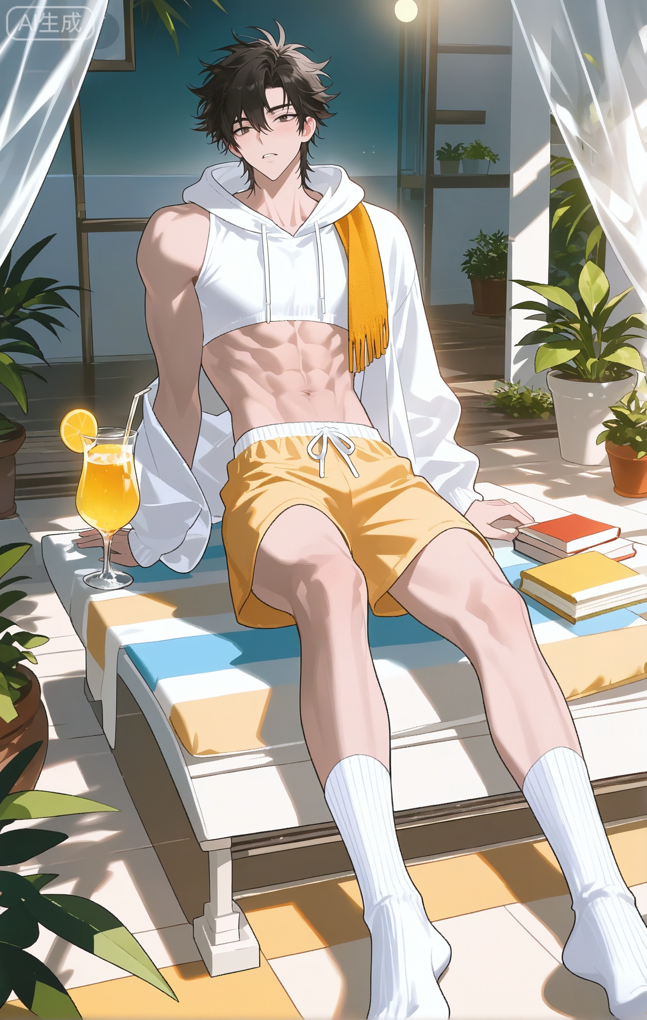 
Cheng Xiao Shi \(LINK CLICK\), 1boy

xiaozhitiao,dianmei,1boy,bangs ,socks,white socks,dianmei (artist:mazjojo:0.53),(artist:pigeon666:0.37),(artist:zawar379:0.57),(artist:remsrar:0.35),(artist:yoneyama mai:0.64),(yokoyari mengo:0.6),1boy,male focus,solo,medium - length wavy hair,hooded pajamas,hood down, a light - brown knitted scarf draped over his shoulders, his toned abs visible as he dozes off in a hammock on a wooden patio. The hammock is strung between two posts, and there's a small side table with a half - read book and a glass of lemonade. Potted ferns line the edges of the patio, and the afternoon sun casts a warm, yellow glow.,White bodysuit