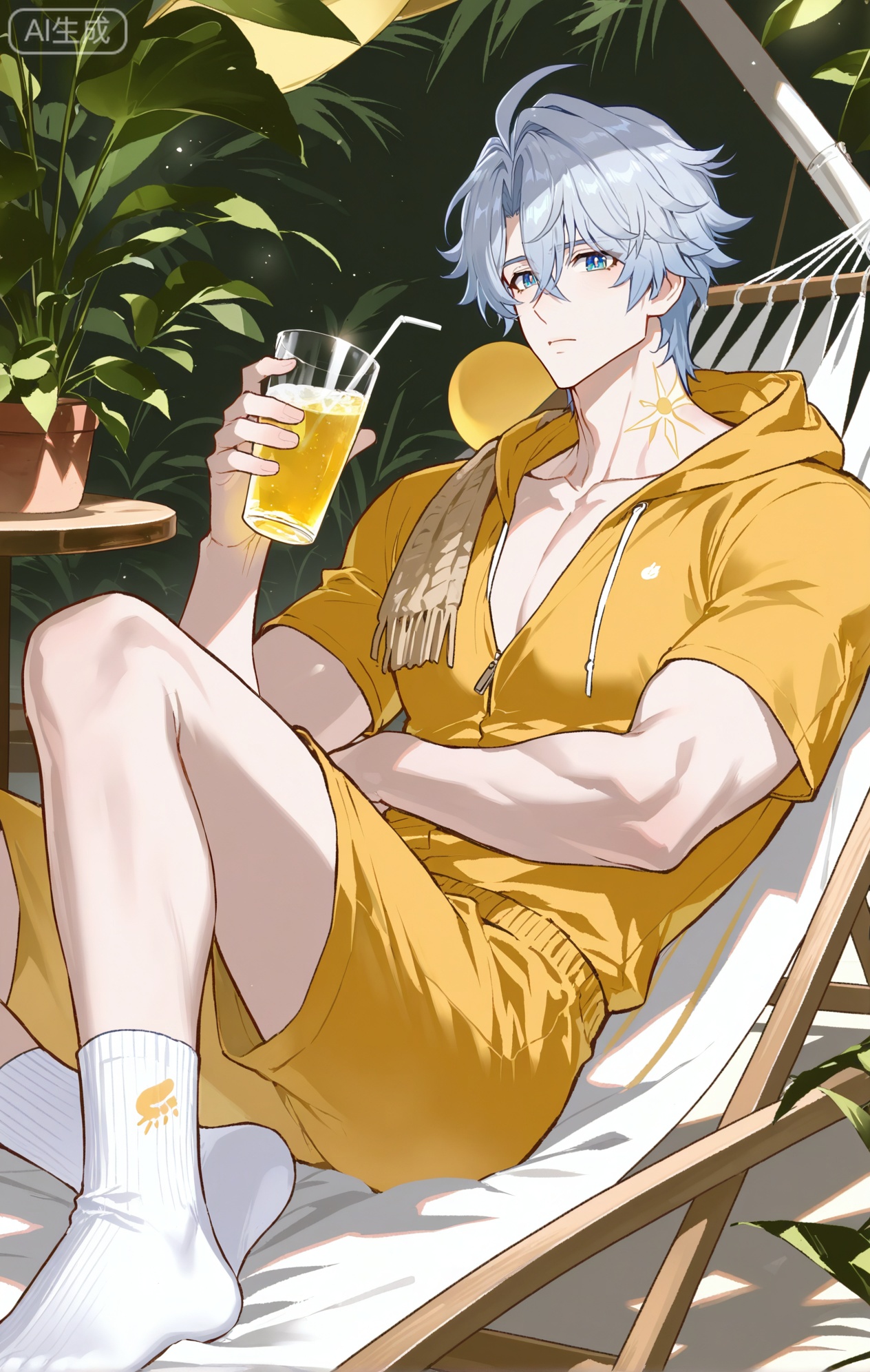 Small note art style,,xiaozhitiao,

((1boy,phainon (honkai: star rail),white hair,blue eyes,short hair,ahogeSun tattoo, yellow tattoo,xiaozhitiao,dianmei,1boy,bangs ,socks,white socks,dianmei (artist:mazjojo:0.53),(artist:pigeon666:0.37),(artist:zawar379:0.57),(artist:remsrar:0.35),(artist:yoneyama mai:0.64),(yokoyari mengo:0.6),1boy,male focus,solo,medium - length wavy hair,hooded pajamas,hood down, a light - brown knitted scarf draped over his shoulders, his toned abs visible as he dozes off in a hammock on a wooden patio. The hammock is strung between two posts, and there's a small side table with a half - read book and a glass of lemonade. Potted ferns line the edges of the patio, and the afternoon sun casts a warm, yellow glow.,White bodysuit