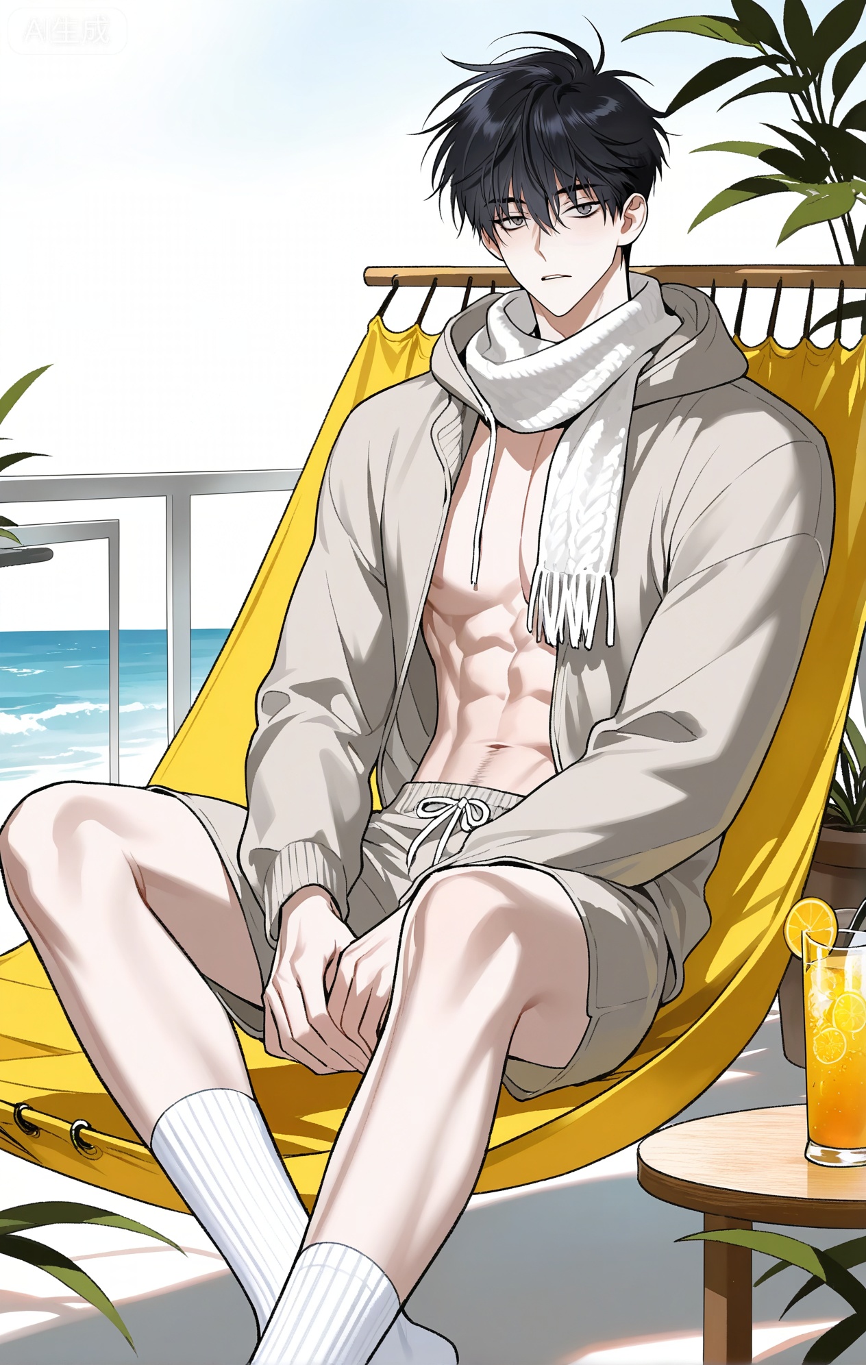 
Jin Yixuan \(Night by the Water\), 1boy

xiaozhitiao,dianmei,1boy,bangs ,socks,white socks,dianmei (artist:mazjojo:0.53),(artist:pigeon666:0.37),(artist:zawar379:0.57),(artist:remsrar:0.35),(artist:yoneyama mai:0.64),(yokoyari mengo:0.6),1boy,male focus,solo,medium - length wavy hair,hooded pajamas,hood down, a light - brown knitted scarf draped over his shoulders, his toned abs visible as he dozes off in a hammock on a wooden patio. The hammock is strung between two posts, and there's a small side table with a half - read book and a glass of lemonade. Potted ferns line the edges of the patio, and the afternoon sun casts a warm, yellow glow.,White bodysuit