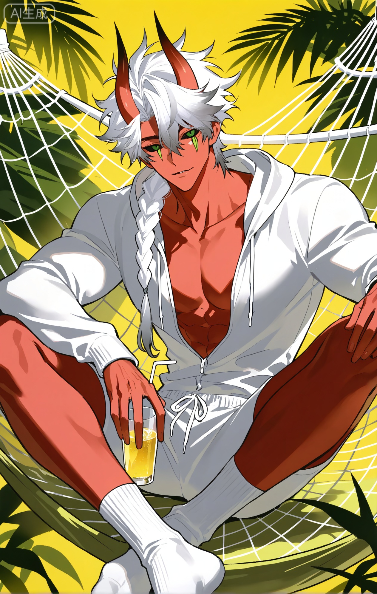 
rider,rider_omysmm,white hair,single braid,red skin,black sclera,green eyes,red horns,extra eyes.Rider \(on my way to see my mom\),Eyes on hair

xiaozhitiao,dianmei,1boy,bangs ,socks,white socks,dianmei (artist:mazjojo:0.53),(artist:pigeon666:0.37),(artist:zawar379:0.57),(artist:remsrar:0.35),(artist:yoneyama mai:0.64),(yokoyari mengo:0.6),1boy,male focus,solo,medium - length wavy hair,hooded pajamas,hood down, a light - brown knitted scarf draped over his shoulders, his toned abs visible as he dozes off in a hammock on a wooden patio. The hammock is strung between two posts, and there's a small side table with a half - read book and a glass of lemonade. Potted ferns line the edges of the patio, and the afternoon sun casts a warm, yellow glow.,White bodysuit