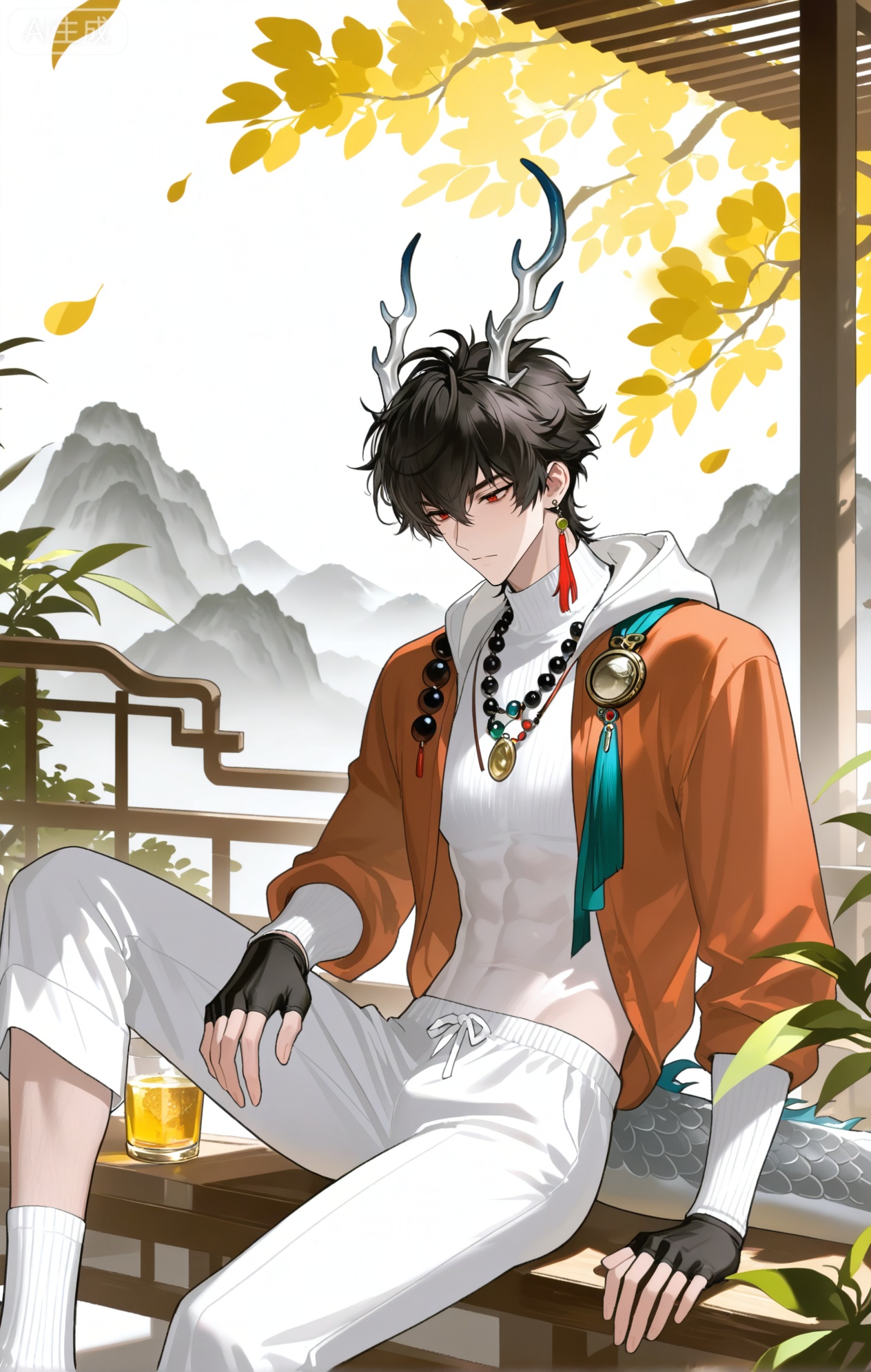 
JianXingZhu \(Return of the Dragon Tide\)solo, short hair, shirt, black hair, red eyes, gloves, long sleeves, 1boy, jewelry, sitting, closed mouth, jacket, tail, white shirt, male focus, earrings, outdoors, horns, black gloves, pants, fingerless gloves, necklace, open jacket, tree, feet out of frame, leaf, tassel, dragon horns, beads, mountain, white pants, dragon tail, branch, antlers, bishounen, tassel earrings

xiaozhitiao,dianmei,1boy,bangs ,socks,white socks,dianmei (artist:mazjojo:0.53),(artist:pigeon666:0.37),(artist:zawar379:0.57),(artist:remsrar:0.35),(artist:yoneyama mai:0.64),(yokoyari mengo:0.6),1boy,male focus,solo,medium - length wavy hair,hooded pajamas,hood down, a light - brown knitted scarf draped over his shoulders, his toned abs visible as he dozes off in a hammock on a wooden patio. The hammock is strung between two posts, and there's a small side table with a half - read book and a glass of lemonade. Potted ferns line the edges of the patio, and the afternoon sun casts a warm, yellow glow.,White bodysuit