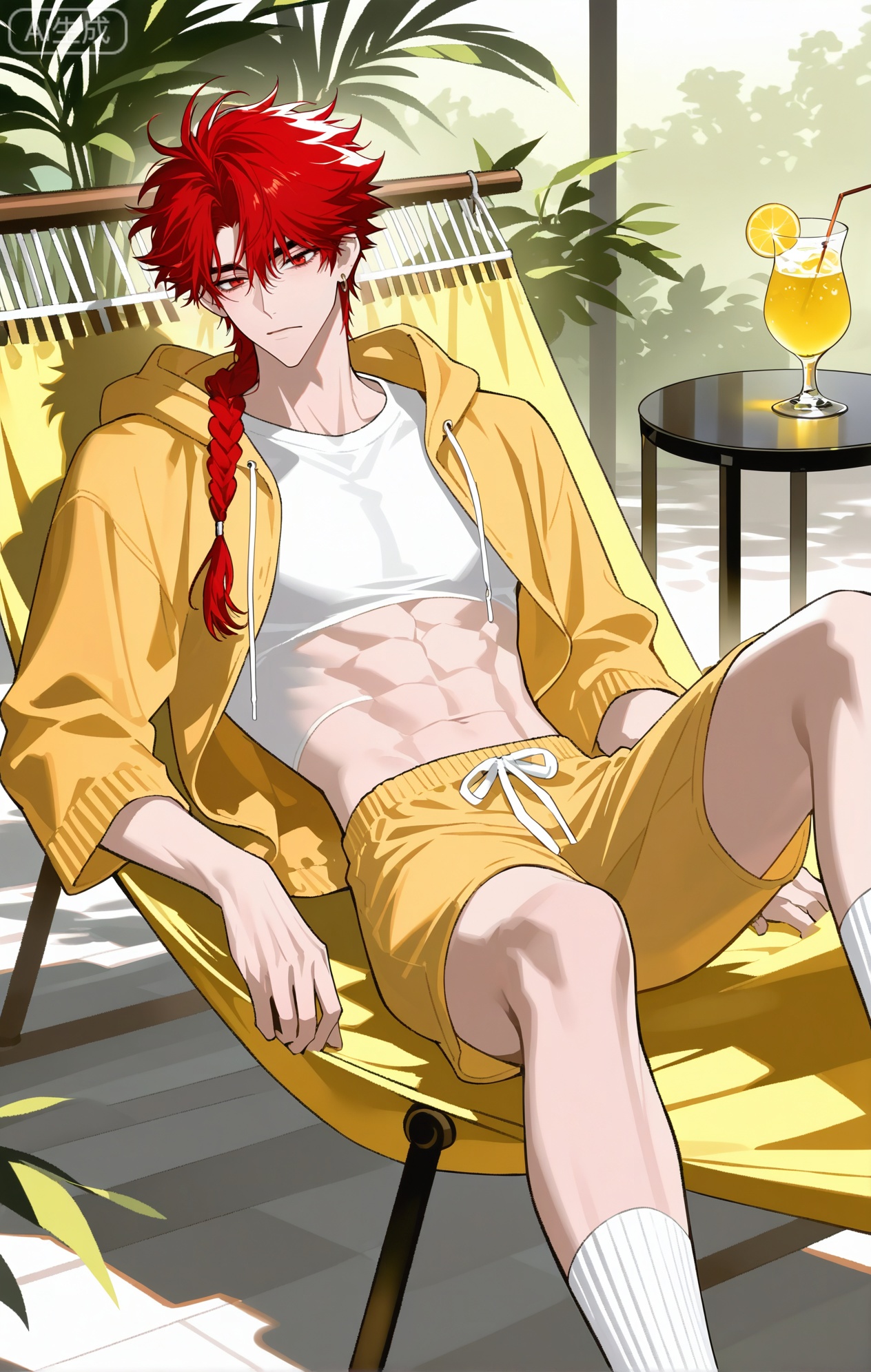 
vein\(link click\),Vein,short hair, red hair, red eyes, braided hair,braided ponytail, jewelry,single earring

xiaozhitiao,dianmei,1boy,bangs ,socks,white socks,dianmei (artist:mazjojo:0.53),(artist:pigeon666:0.37),(artist:zawar379:0.57),(artist:remsrar:0.35),(artist:yoneyama mai:0.64),(yokoyari mengo:0.6),1boy,male focus,solo,medium - length wavy hair,hooded pajamas,hood down, a light - brown knitted scarf draped over his shoulders, his toned abs visible as he dozes off in a hammock on a wooden patio. The hammock is strung between two posts, and there's a small side table with a half - read book and a glass of lemonade. Potted ferns line the edges of the patio, and the afternoon sun casts a warm, yellow glow.,White bodysuit