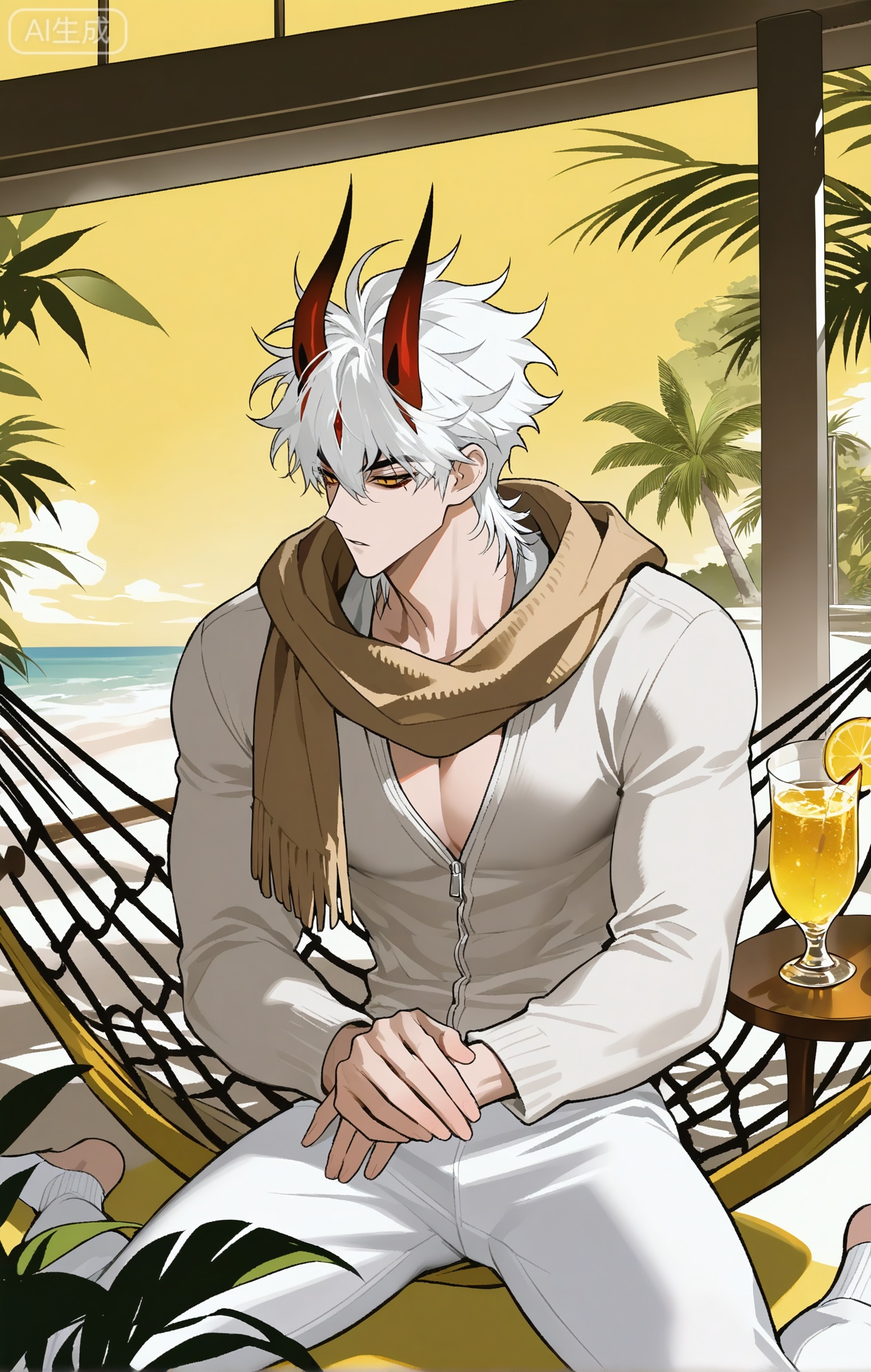 
Rider \(on my way to see my mom\), 1boy

xiaozhitiao,dianmei,1boy,bangs ,socks,white socks,dianmei (artist:mazjojo:0.53),(artist:pigeon666:0.37),(artist:zawar379:0.57),(artist:remsrar:0.35),(artist:yoneyama mai:0.64),(yokoyari mengo:0.6),1boy,male focus,solo,medium - length wavy hair,hooded pajamas,hood down, a light - brown knitted scarf draped over his shoulders, his toned abs visible as he dozes off in a hammock on a wooden patio. The hammock is strung between two posts, and there's a small side table with a half - read book and a glass of lemonade. Potted ferns line the edges of the patio, and the afternoon sun casts a warm, yellow glow.,White bodysuit