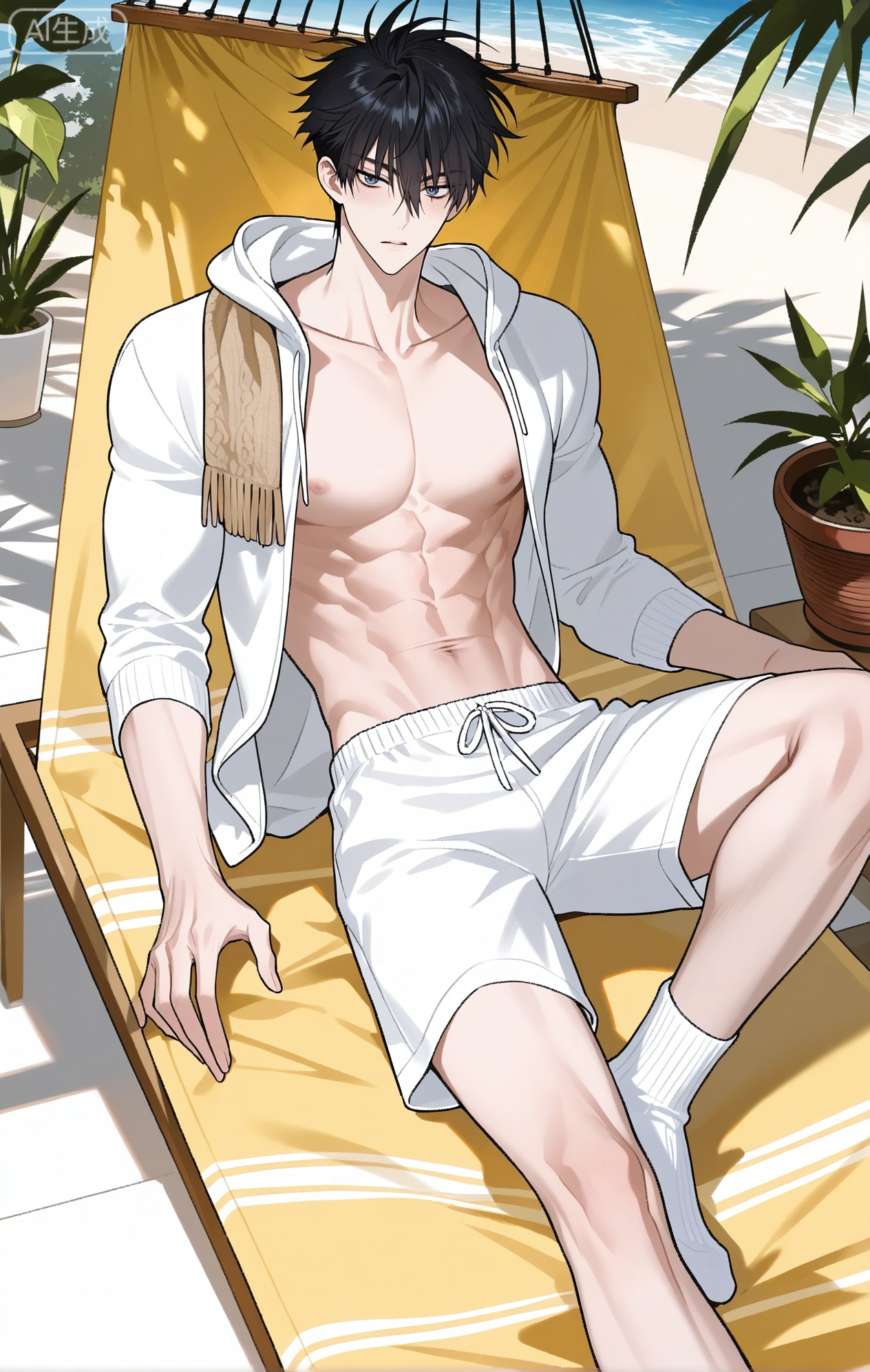 
Jin Yixuan_(Night by the Water)

xiaozhitiao,dianmei,1boy,bangs ,socks,white socks,dianmei (artist:mazjojo:0.53),(artist:pigeon666:0.37),(artist:zawar379:0.57),(artist:remsrar:0.35),(artist:yoneyama mai:0.64),(yokoyari mengo:0.6),1boy,male focus,solo,medium - length wavy hair,hooded pajamas,hood down, a light - brown knitted scarf draped over his shoulders, his toned abs visible as he dozes off in a hammock on a wooden patio. The hammock is strung between two posts, and there's a small side table with a half - read book and a glass of lemonade. Potted ferns line the edges of the patio, and the afternoon sun casts a warm, yellow glow.,White bodysuit