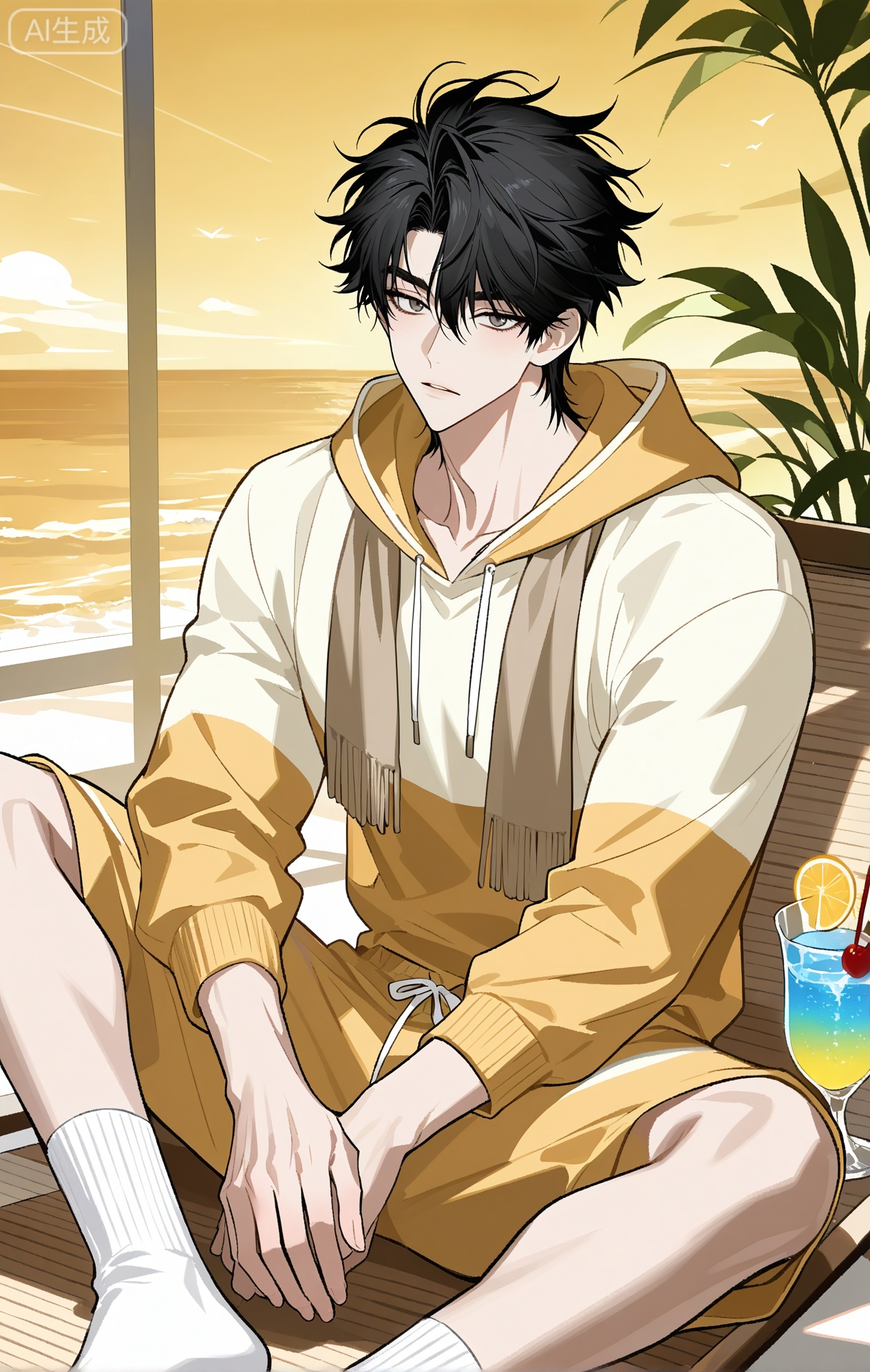 
Vein \(LINK CLICK\), 1boy

xiaozhitiao,dianmei,1boy,bangs ,socks,white socks,dianmei (artist:mazjojo:0.53),(artist:pigeon666:0.37),(artist:zawar379:0.57),(artist:remsrar:0.35),(artist:yoneyama mai:0.64),(yokoyari mengo:0.6),1boy,male focus,solo,medium - length wavy hair,hooded pajamas,hood down, a light - brown knitted scarf draped over his shoulders, his toned abs visible as he dozes off in a hammock on a wooden patio. The hammock is strung between two posts, and there's a small side table with a half - read book and a glass of lemonade. Potted ferns line the edges of the patio, and the afternoon sun casts a warm, yellow glow.,White bodysuit