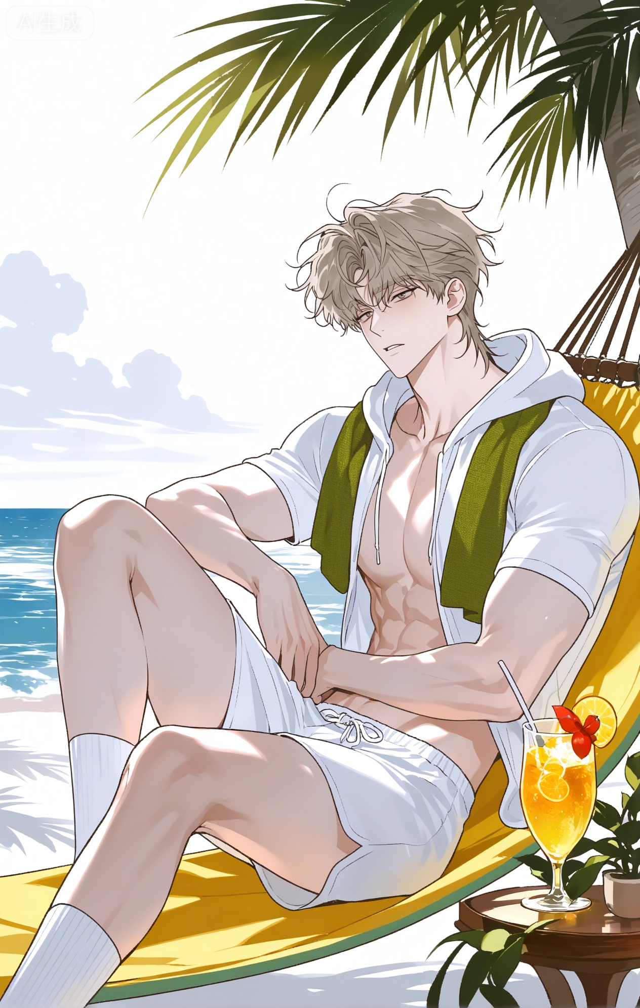 
Lu Taizhou \(Night by the Water\), 1boy

xiaozhitiao,dianmei,1boy,bangs ,socks,white socks,dianmei (artist:mazjojo:0.53),(artist:pigeon666:0.37),(artist:zawar379:0.57),(artist:remsrar:0.35),(artist:yoneyama mai:0.64),(yokoyari mengo:0.6),1boy,male focus,solo,medium - length wavy hair,hooded pajamas,hood down, a light - brown knitted scarf draped over his shoulders, his toned abs visible as he dozes off in a hammock on a wooden patio. The hammock is strung between two posts, and there's a small side table with a half - read book and a glass of lemonade. Potted ferns line the edges of the patio, and the afternoon sun casts a warm, yellow glow.,White bodysuit