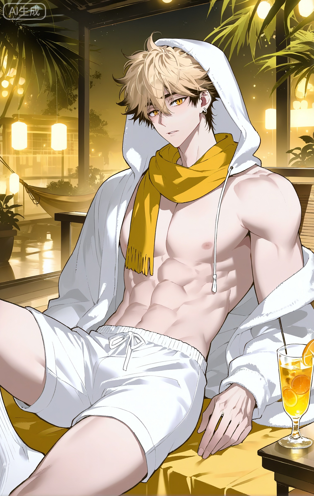 1boy Felix \(LINK CLICK\))),1boy,blonde hair,earrings,short hair,hair between eyes,multicolored hair,yellow eyes,

xiaozhitiao,dianmei,1boy,bangs ,socks,white socks,dianmei (artist:mazjojo:0.53),(artist:pigeon666:0.37),(artist:zawar379:0.57),(artist:remsrar:0.35),(artist:yoneyama mai:0.64),(yokoyari mengo:0.6),1boy,male focus,solo,medium - length wavy hair,hooded pajamas,hood down, a light - brown knitted scarf draped over his shoulders, his toned abs visible as he dozes off in a hammock on a wooden patio. The hammock is strung between two posts, and there's a small side table with a half - read book and a glass of lemonade. Potted ferns line the edges of the patio, and the afternoon sun casts a warm, yellow glow.,White bodysuit