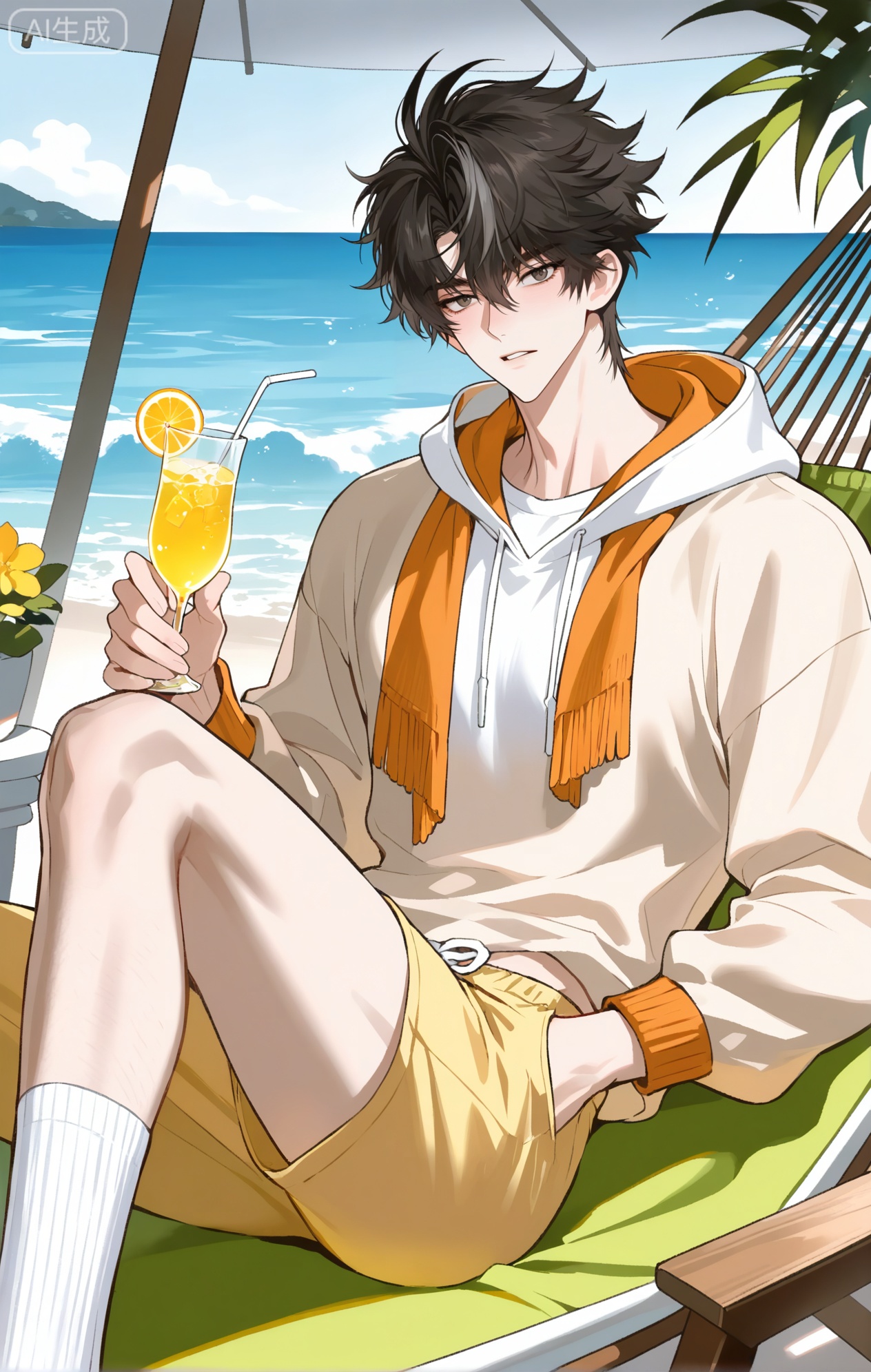 
Zha \(Wangyue\),

xiaozhitiao,dianmei,1boy,bangs ,socks,white socks,dianmei (artist:mazjojo:0.53),(artist:pigeon666:0.37),(artist:zawar379:0.57),(artist:remsrar:0.35),(artist:yoneyama mai:0.64),(yokoyari mengo:0.6),1boy,male focus,solo,medium - length wavy hair,hooded pajamas,hood down, a light - brown knitted scarf draped over his shoulders, his toned abs visible as he dozes off in a hammock on a wooden patio. The hammock is strung between two posts, and there's a small side table with a half - read book and a glass of lemonade. Potted ferns line the edges of the patio, and the afternoon sun casts a warm, yellow glow.,White bodysuit