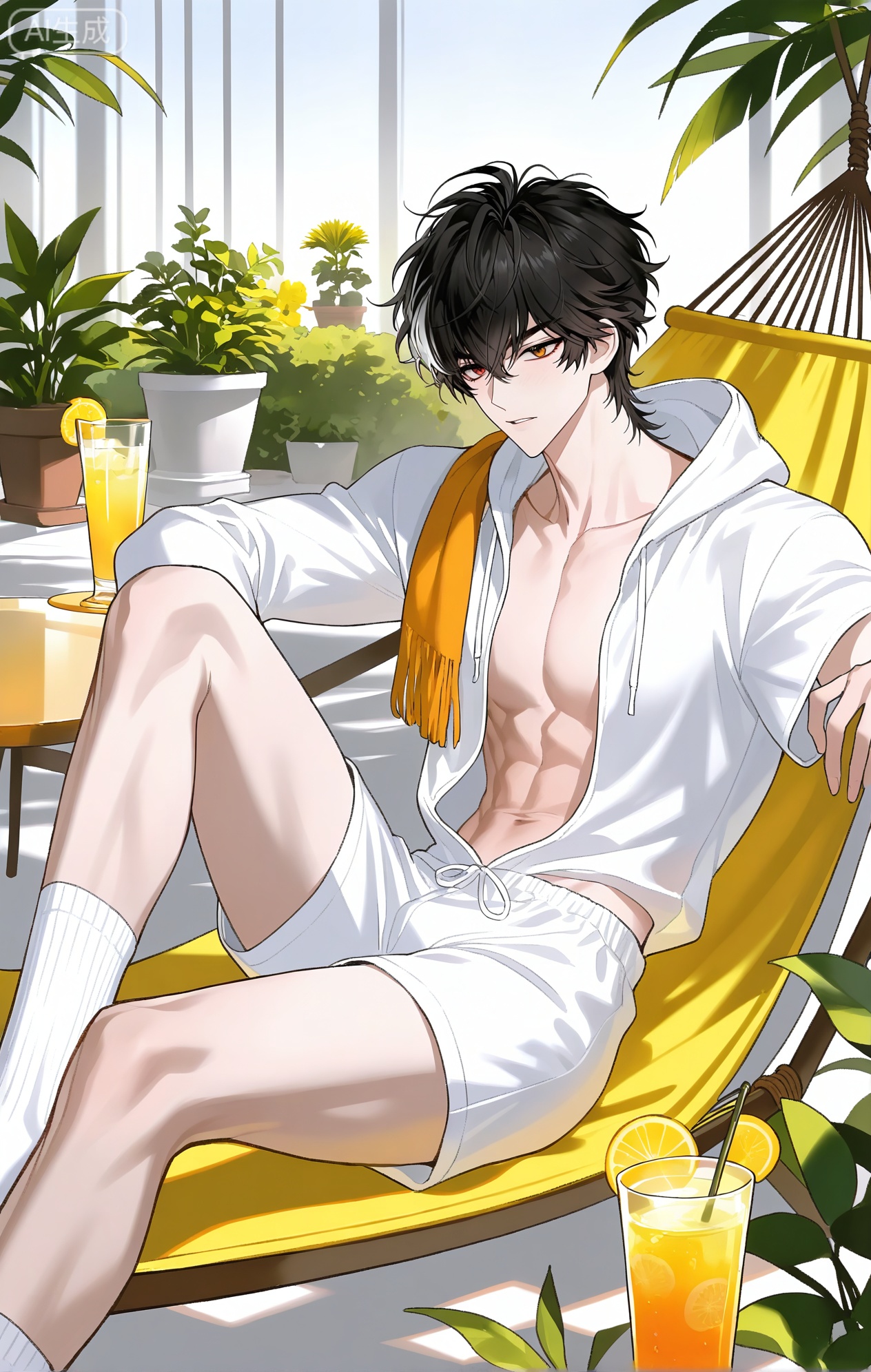 
JianXingZhu \(Return of the Dragon Tide\), 1boy

xiaozhitiao,dianmei,1boy,bangs ,socks,white socks,dianmei (artist:mazjojo:0.53),(artist:pigeon666:0.37),(artist:zawar379:0.57),(artist:remsrar:0.35),(artist:yoneyama mai:0.64),(yokoyari mengo:0.6),1boy,male focus,solo,medium - length wavy hair,hooded pajamas,hood down, a light - brown knitted scarf draped over his shoulders, his toned abs visible as he dozes off in a hammock on a wooden patio. The hammock is strung between two posts, and there's a small side table with a half - read book and a glass of lemonade. Potted ferns line the edges of the patio, and the afternoon sun casts a warm, yellow glow.,White bodysuit