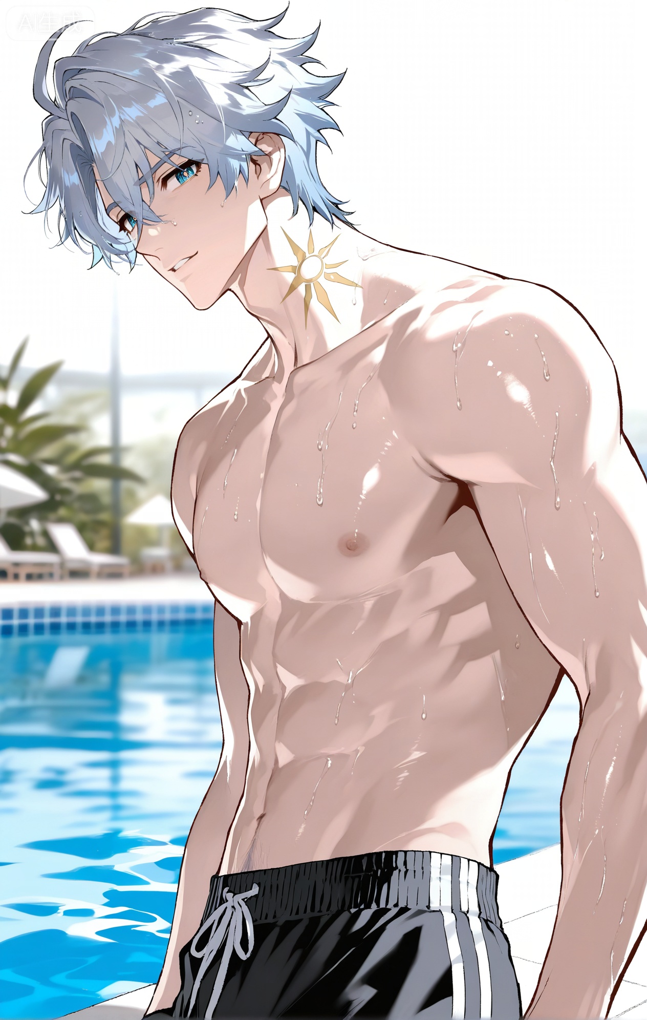 Small note art style,,xiaozhitiao,((1boy,phainon (honkai: star rail),white hair,blue eyes,short hair,ahogeSun tattoo, yellow tattoo,xiaozhitiao,dianmei,.,White bodysuit

(artist:mazjojo:0.53), (artist:pigeon666:0.37), (artist:zawar379:0.57), (artist:remsrar:0.35), (artist:yoneyama mai:0.64), colored pencil (medium), rei (sanbonzakura), (yokoyari mengo:0.6), (flat color:1.2)
amazing quality, very aesthetic, ultra-detailed, depth of field, amazing quality, volumetric lighting, (bright sunlight), detailed eyes, high definition, masterpiece, best quality, very awa, newest, highres, absurdres, year 2024, extremely detailed, highres, detailed beautiful face and eyes,best aesthetic, high resolution, good colors,  bright skin, lots of details, 
BREAK
1boy, male focus, mature male, shiny skin, toned male,  bara,  

Anime style, 1 young man, (seductive gaze:1.4), (confident smirk:1.3), (sparkling eyes), (looking_at_viewer:1.6), against a blurred background of a swimming pool with sparkling water, (dynamic pose: slicking his wet hair back), wearing **only wet, clinging black swim trunks**, (water dripping from his body and hair), (glistening skin), intricate details, bright blues and cyans, sharp focus, cel-shading, anime key visual, ultra HD, 8k, masterpiece, best quality.
